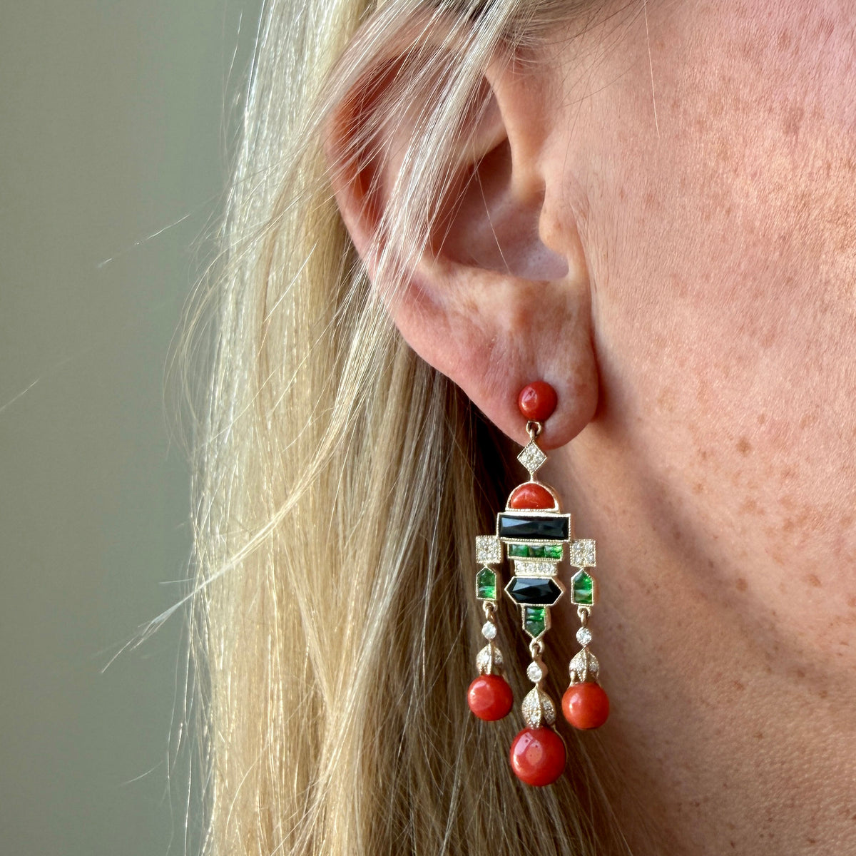 Art Deco Style Coral, Diamond, Onyx & Tsavorite 18K Gold Earrings