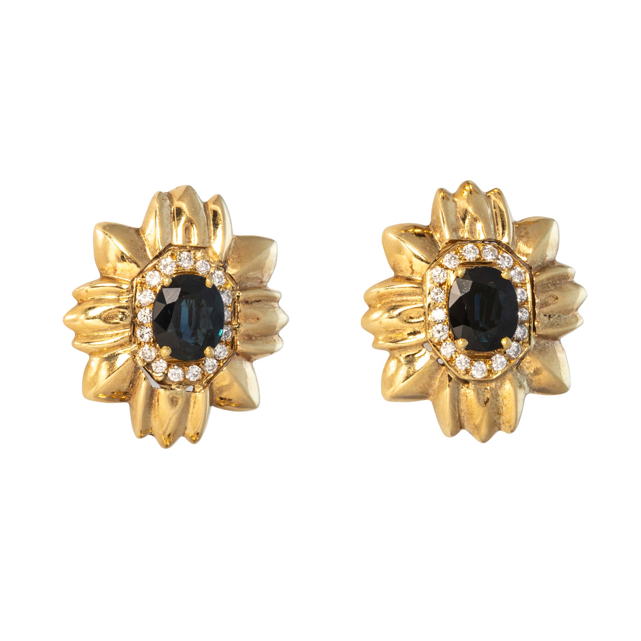 Vintage Sapphire & Diamond 18K Gold Floral Clip Earrings