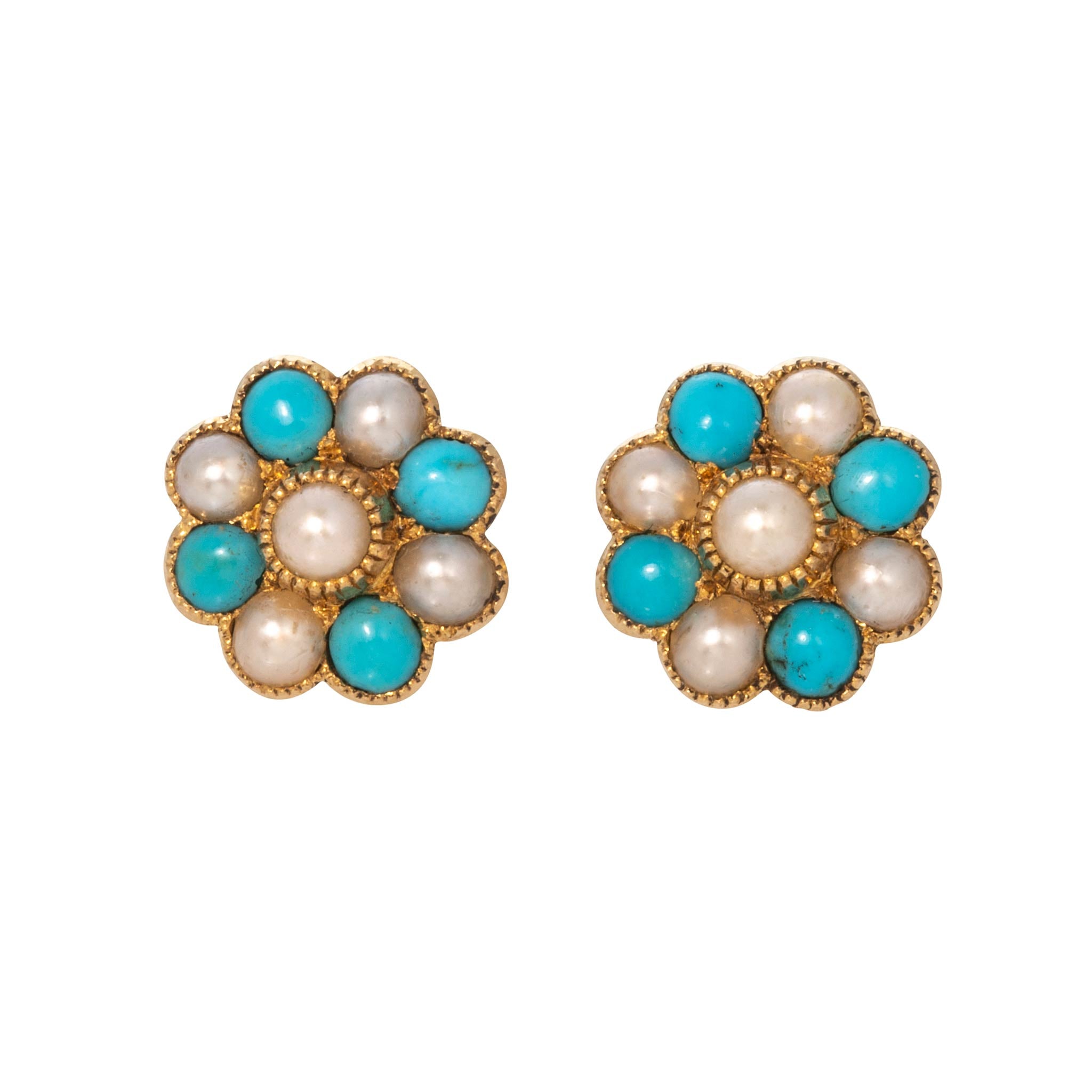 Victorian Pearl & Turquoise Cluster 14K Gold Stud Earrings