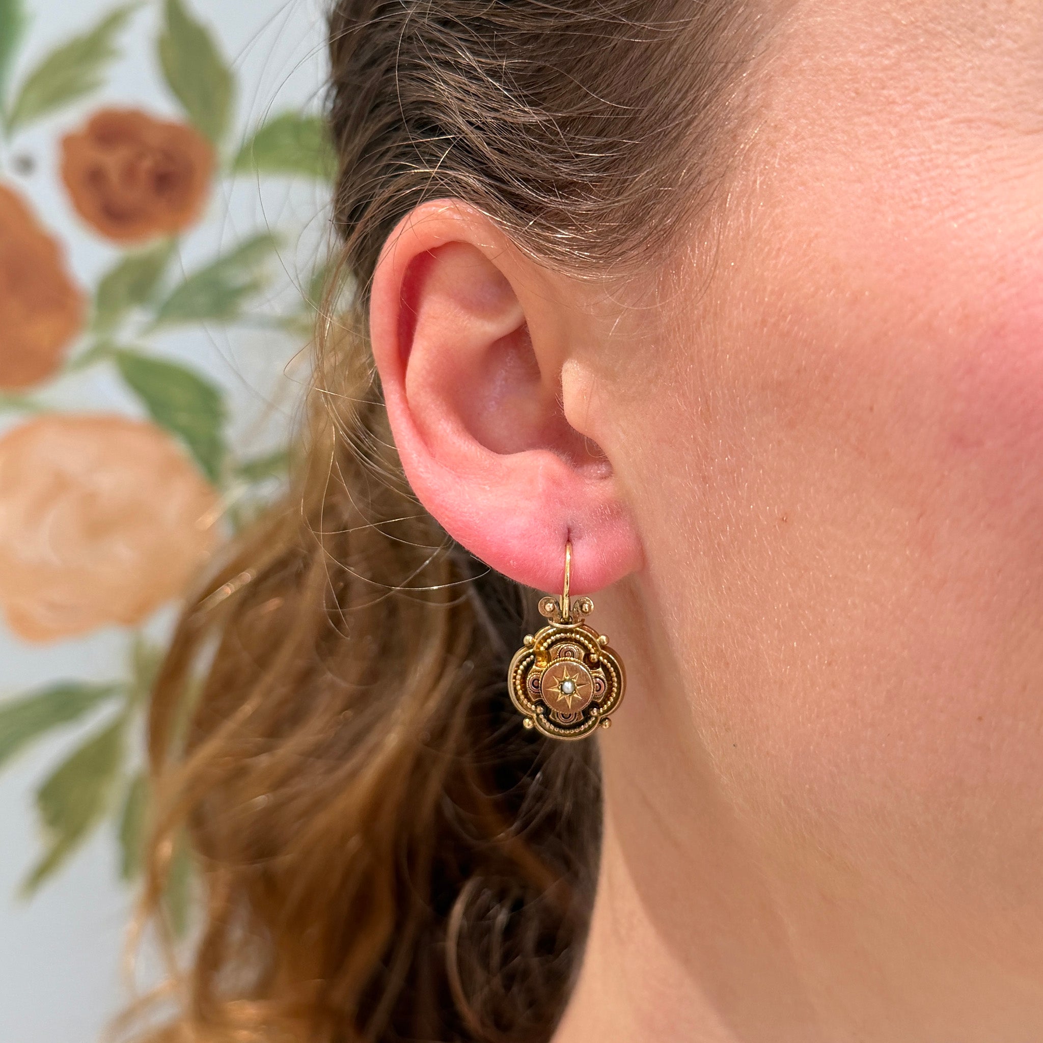 Victorian Etruscan Revival Style Seed Pearl 15K Gold Drop Earrings