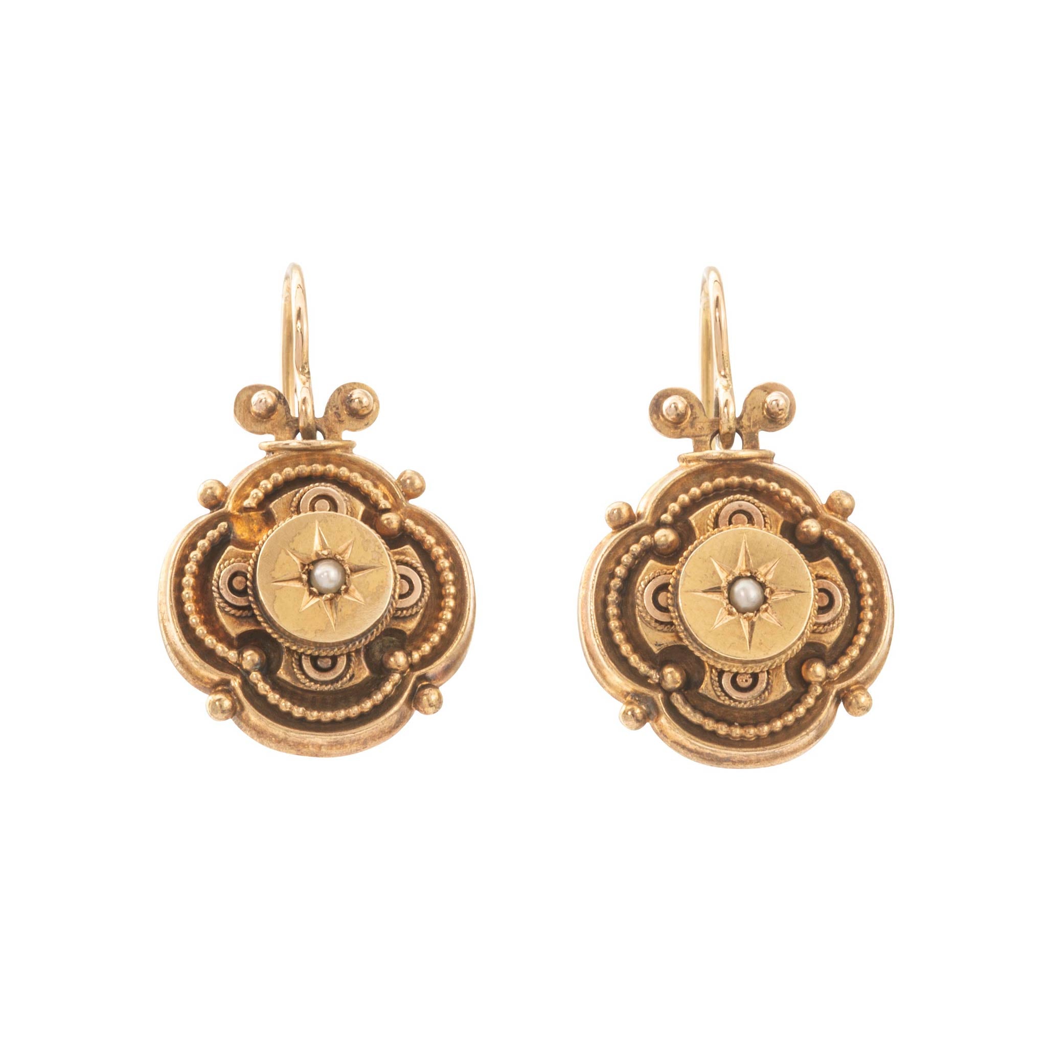 Victorian Etruscan Revival Style Seed Pearl 15K Gold Drop Earrings