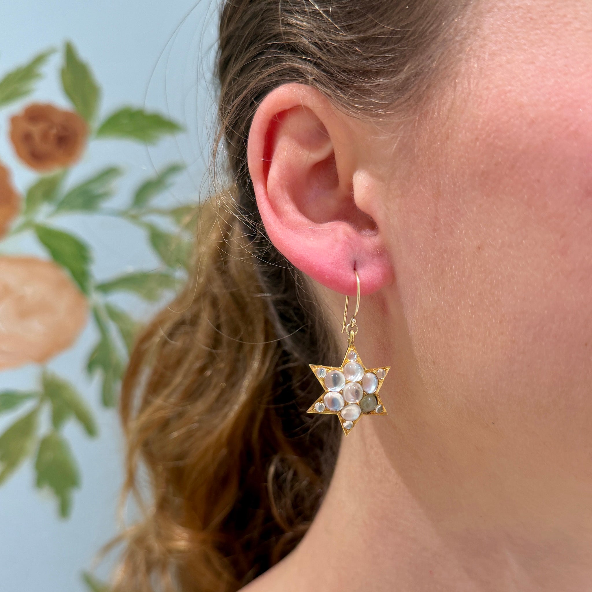 Victorian-Style Blue Sheen Moonstone Cluster Drop 14K Gold Earrings