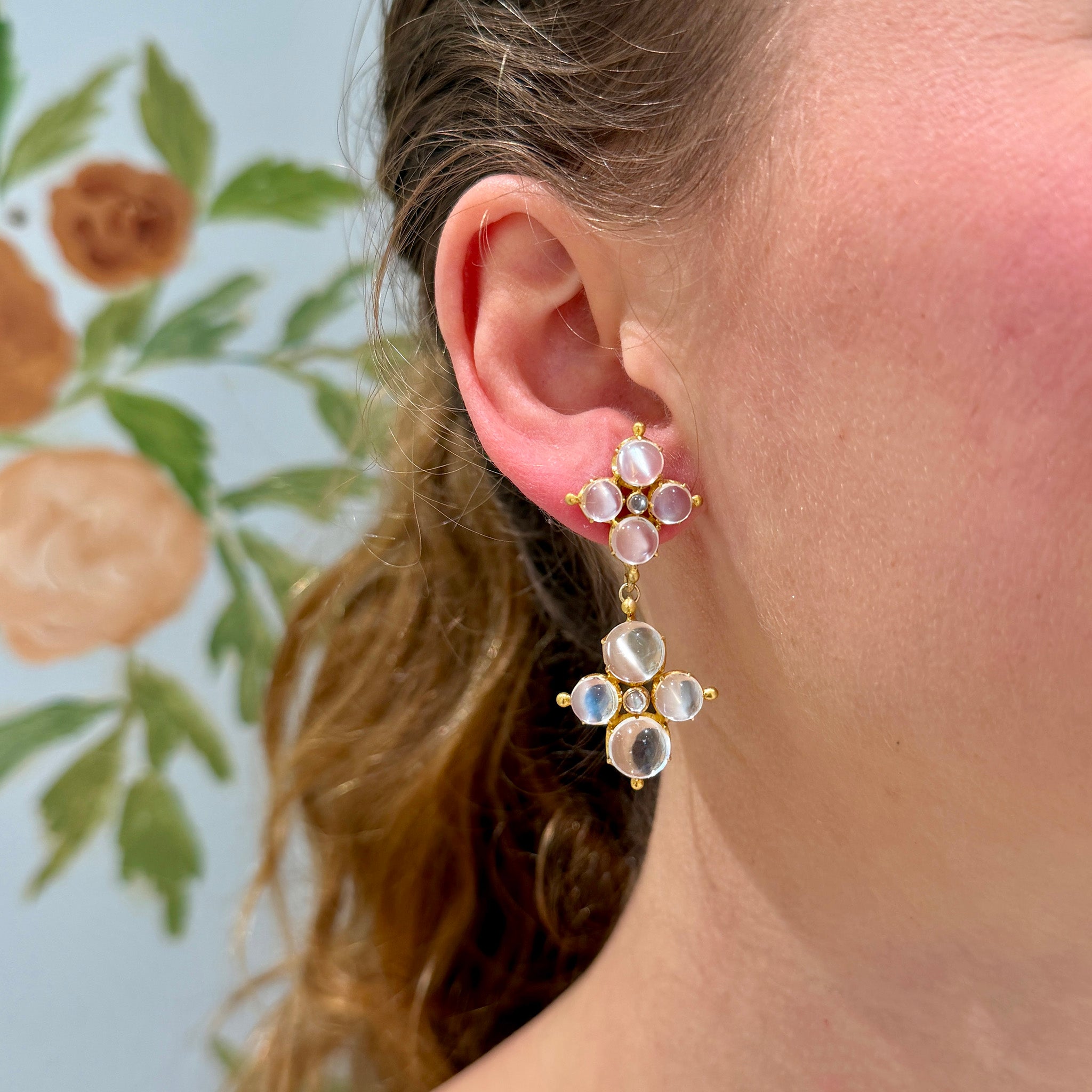 Victorian-Style Blue Sheen Moonstone Double Drop 14K Gold Earrings