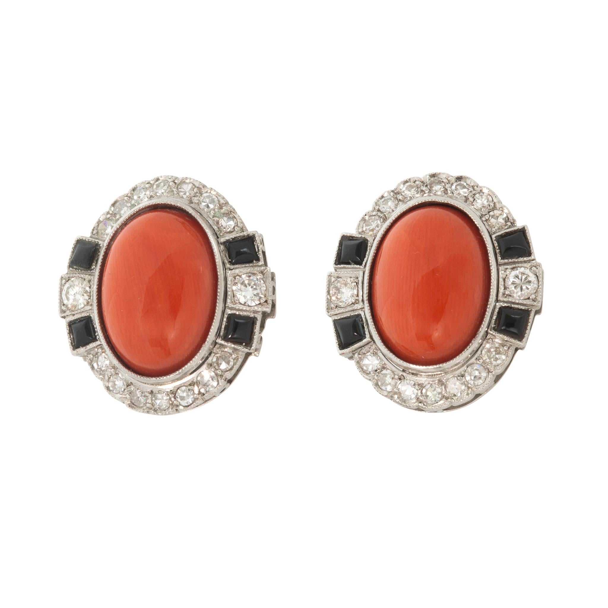 Art Deco Style Coral, Diamond & Onyx Platinum Earrings