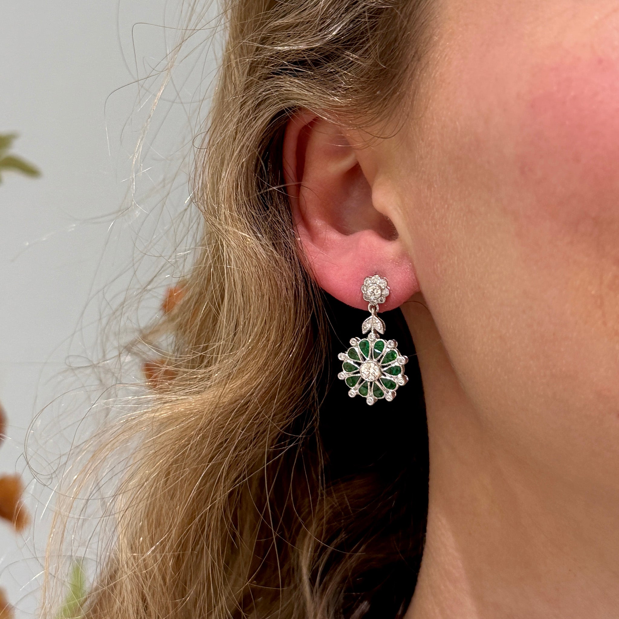 Art Deco Style Tsavorite & Diamond 18K Gold Floral Drop Earrings