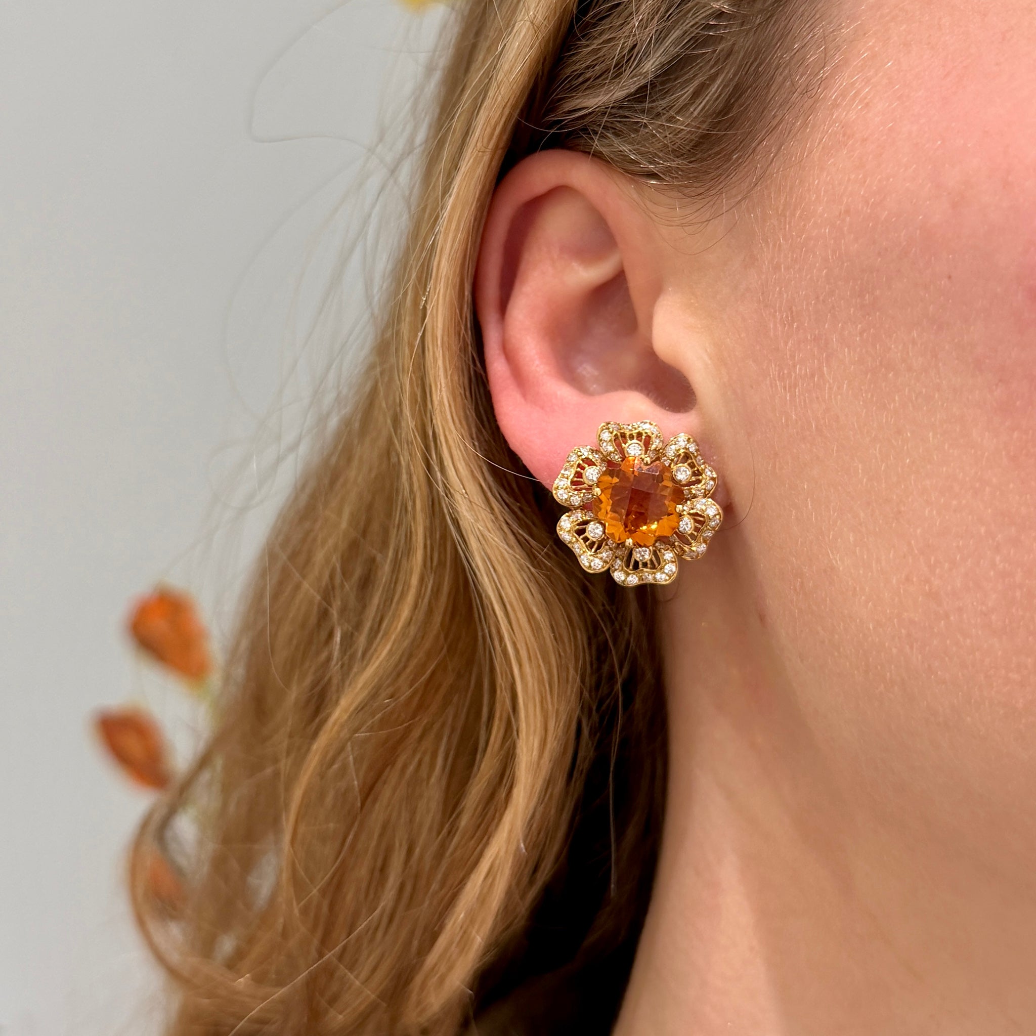Estate Citrine & Diamond 18K Gold Flower Earrings