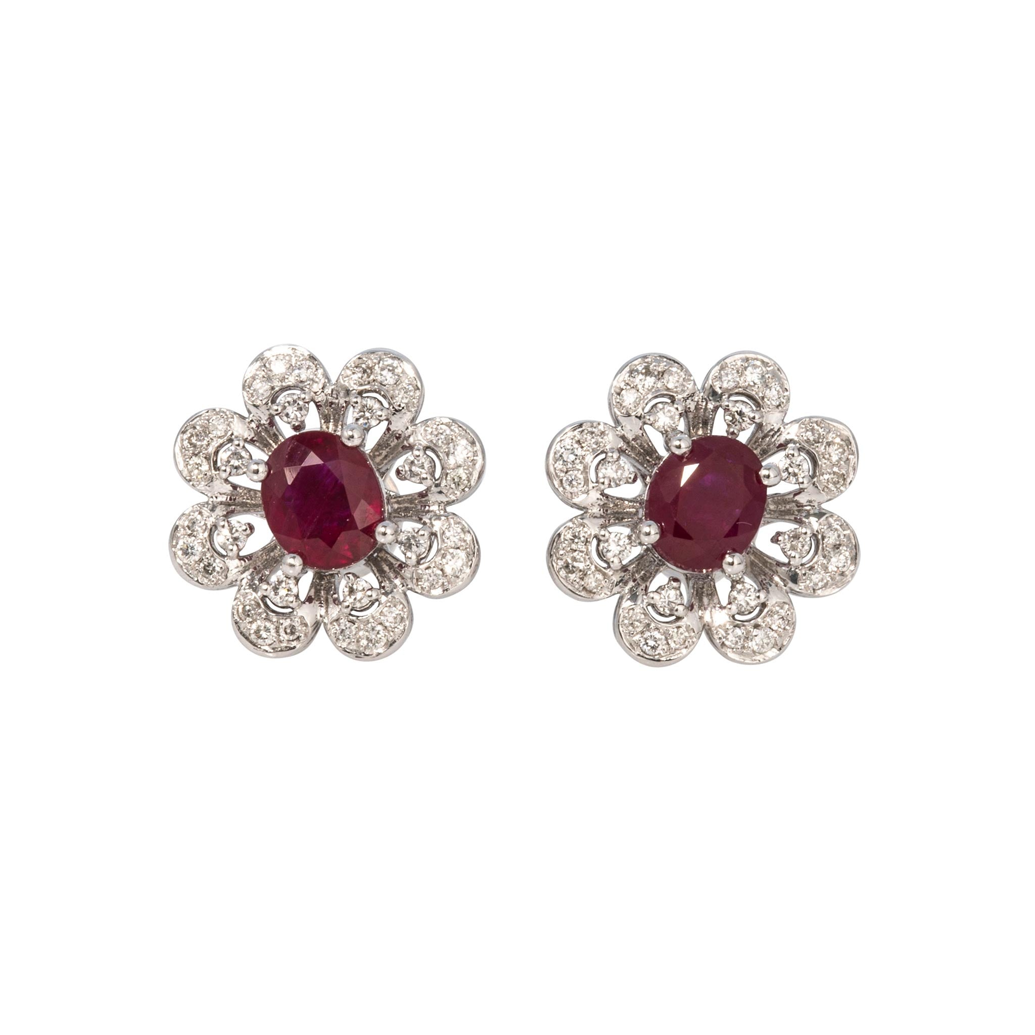 Estate Ruby & Diamond Platinum Floral Stud Earrings