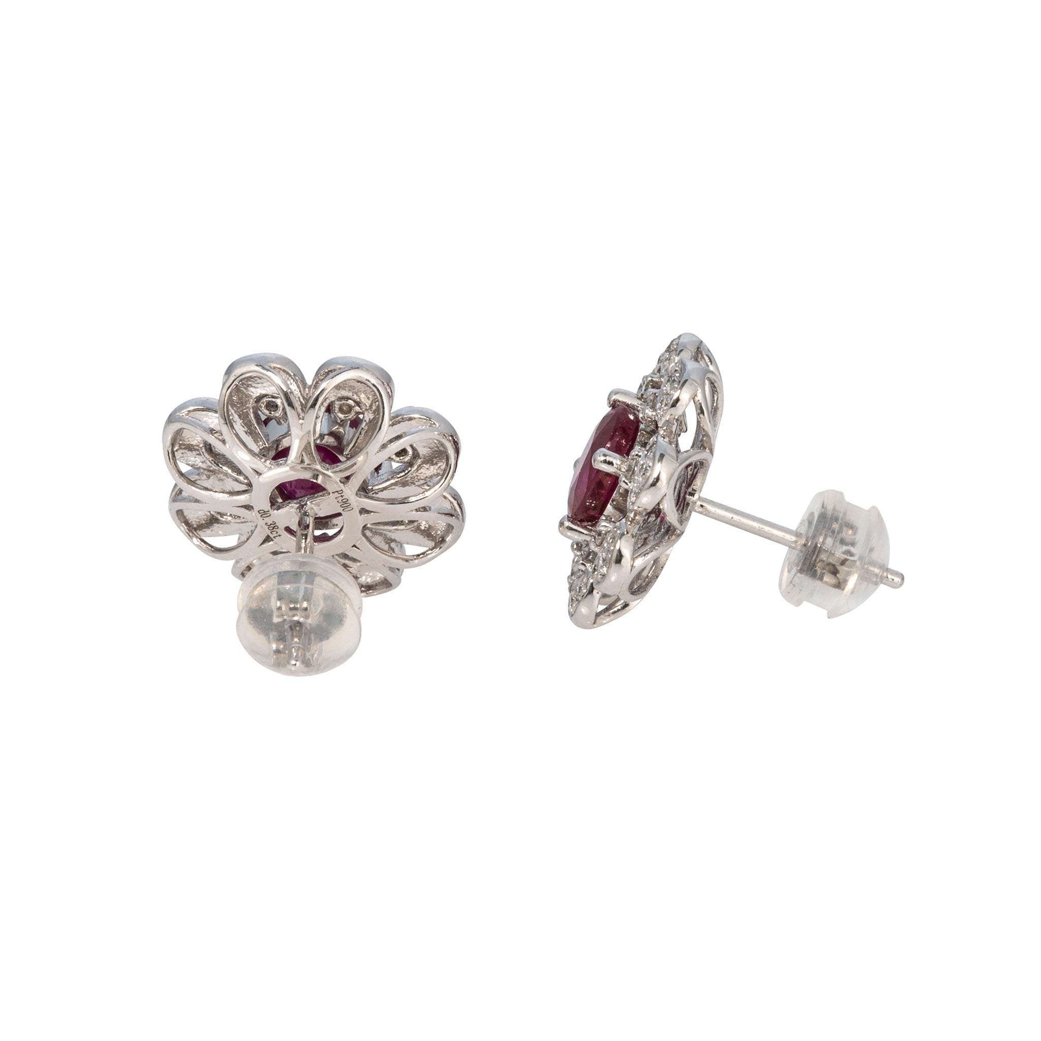 Estate Ruby & Diamond Platinum Floral Stud Earrings