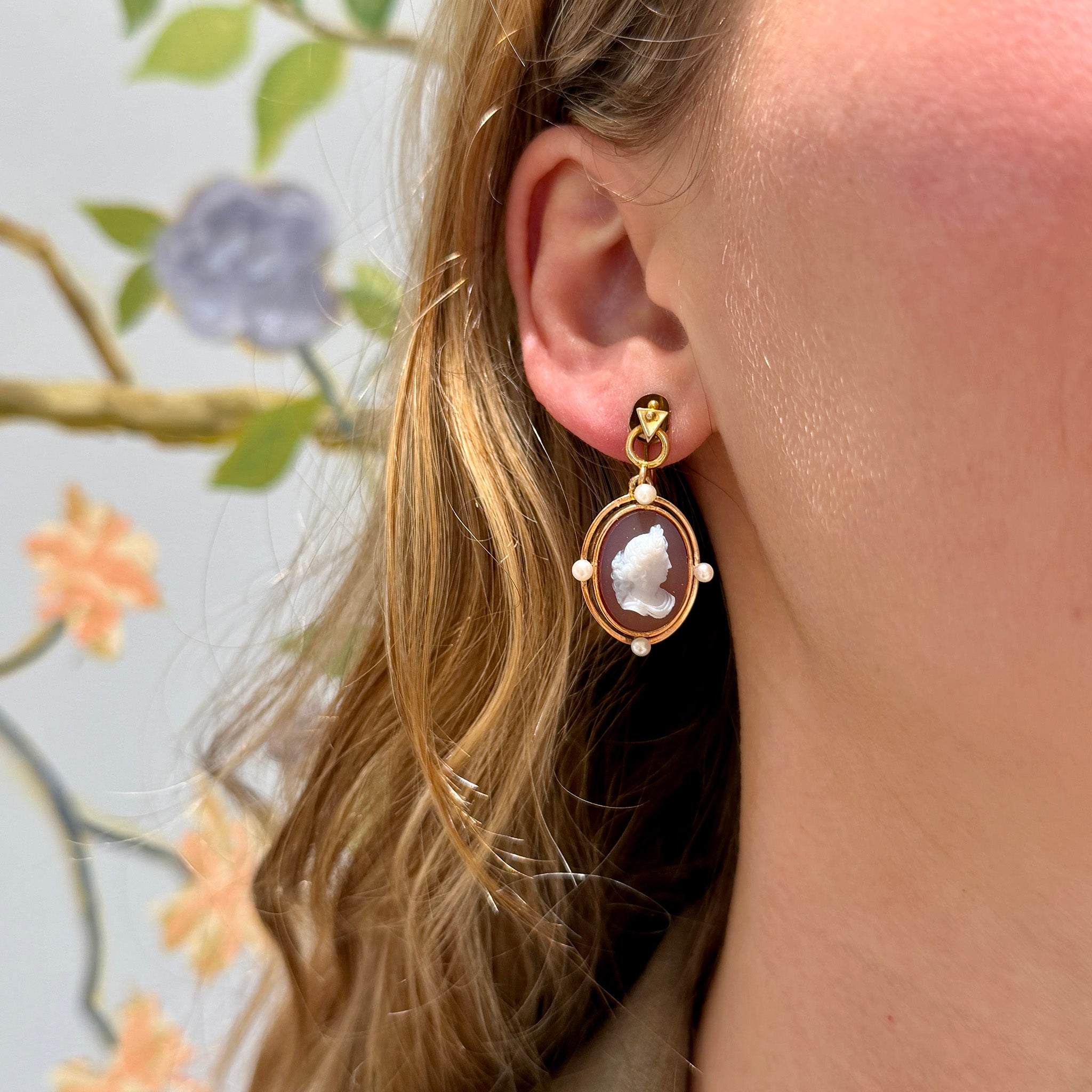 Victorian-Style Cameo & Pearl Drop 14K Gold Screwback Earrings
