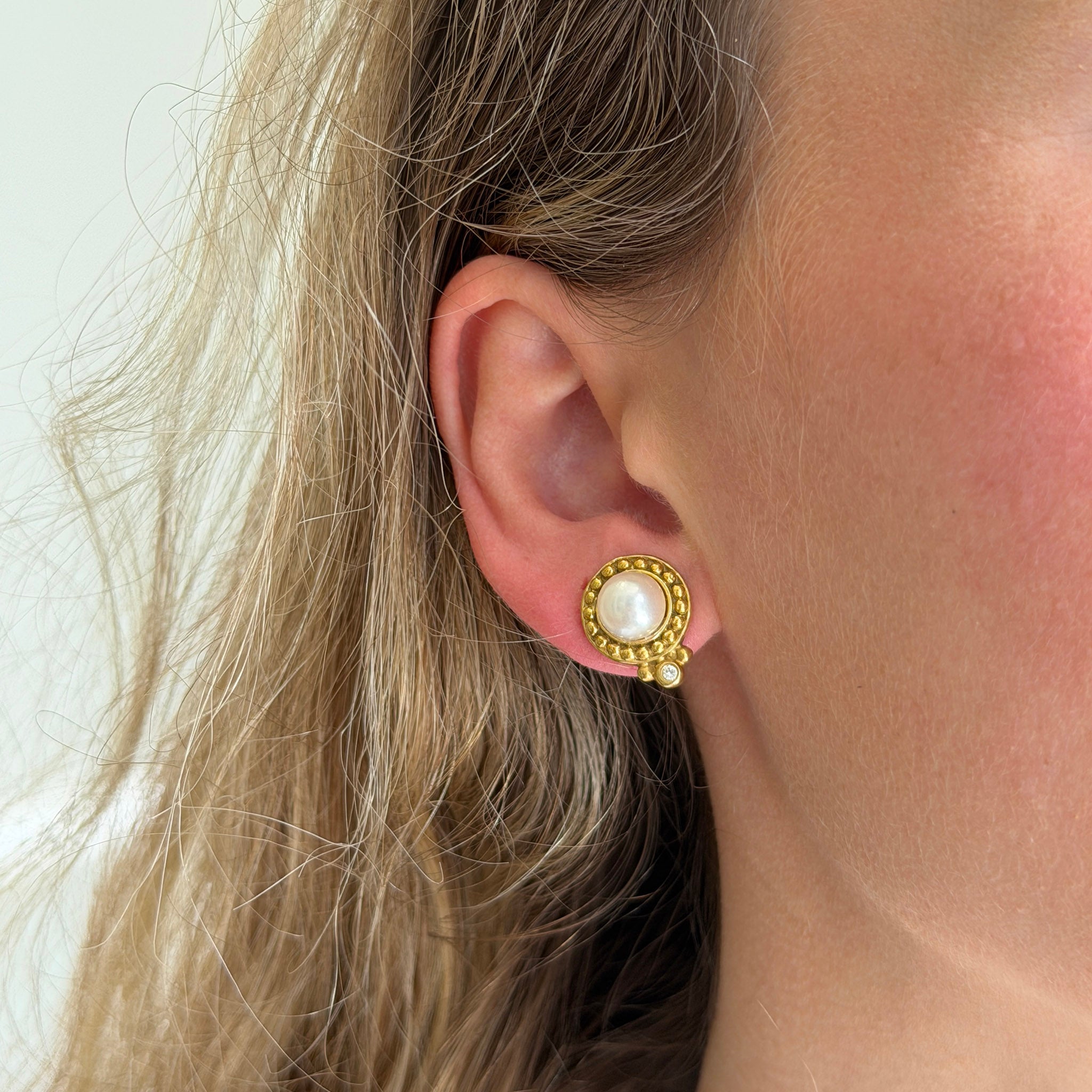 Estate Pearl & Diamond 18K Yellow Gold Granulation Earrings