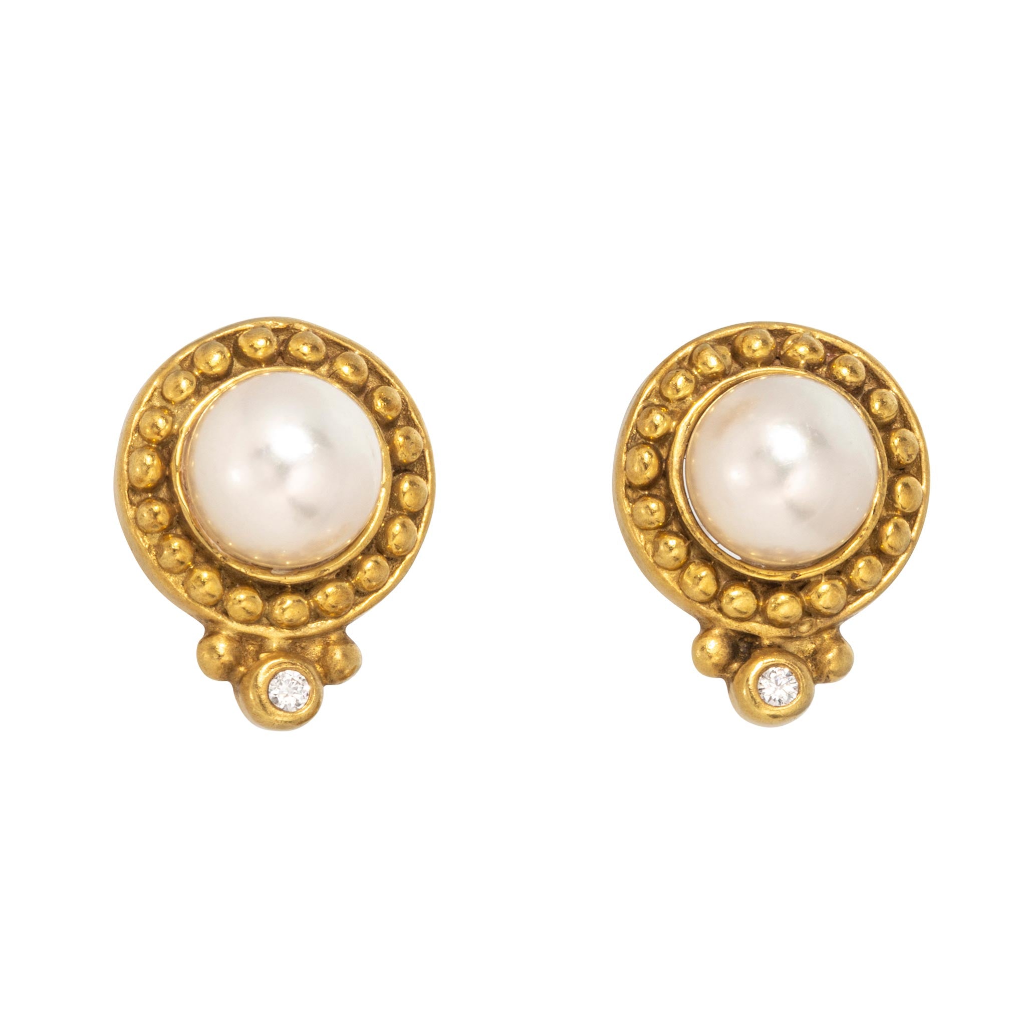 Estate Pearl & Diamond 18K Yellow Gold Granulation Earrings