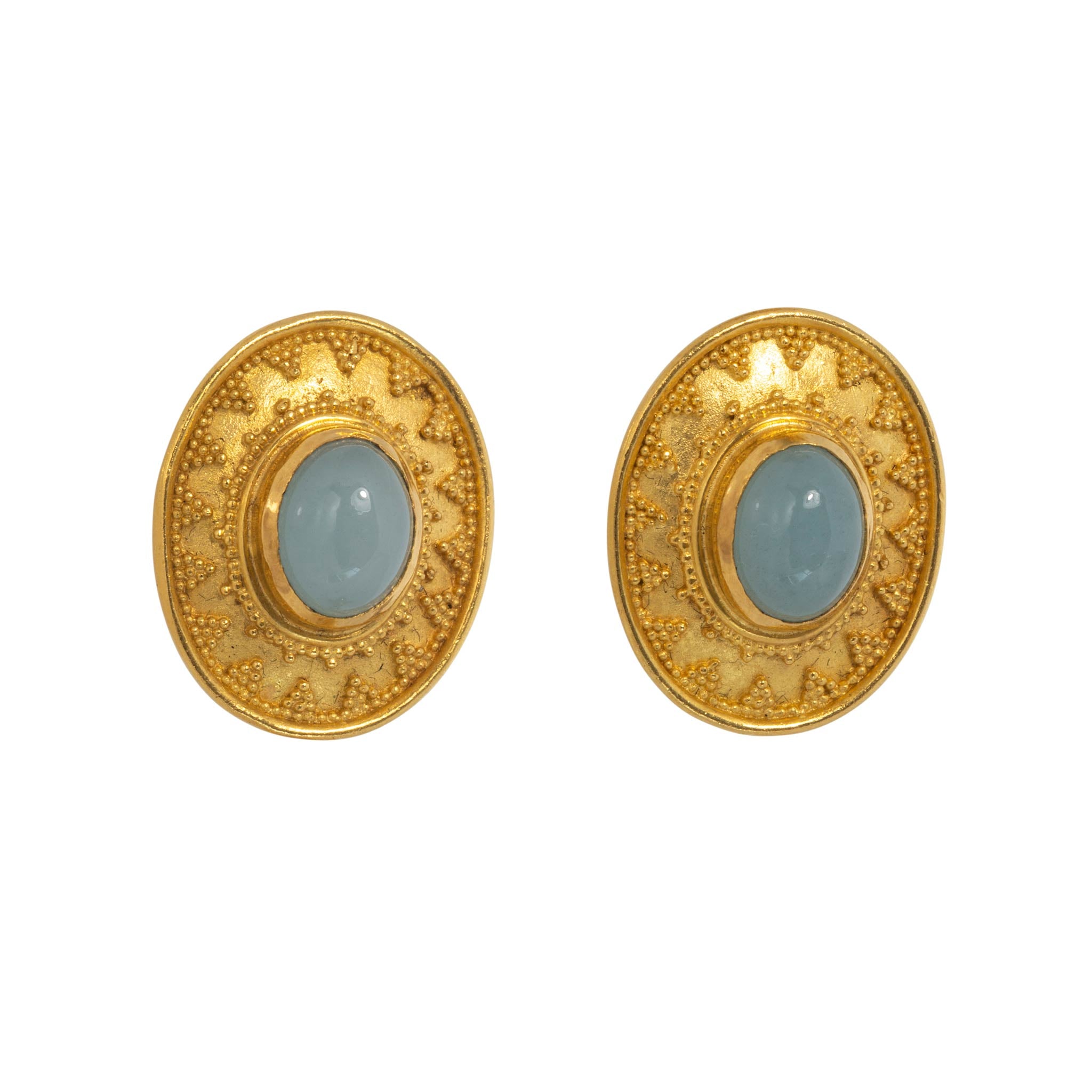 Estate Aquamarine Cabochon 22K & 18K Gold Earrings