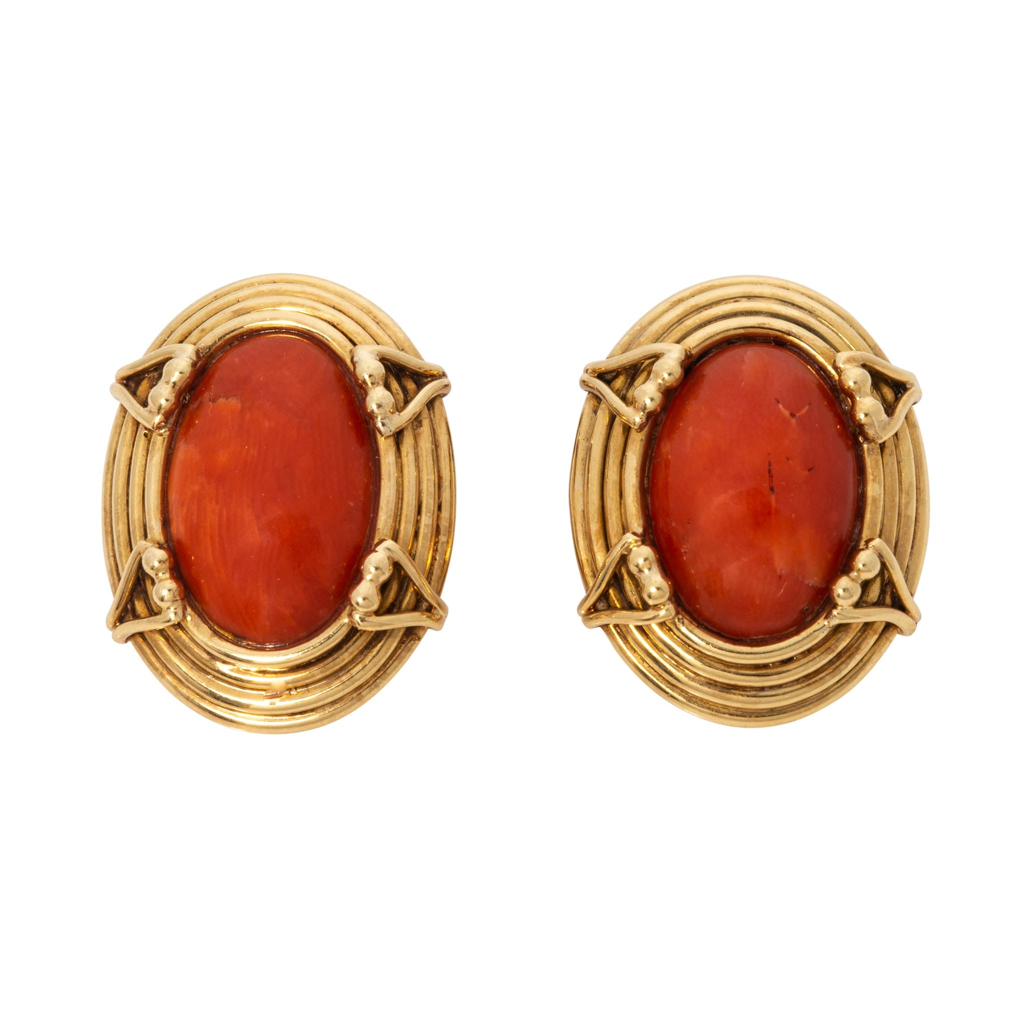 Vintage Oval Coral Cabochon 18K Gold Clip-On Earrings