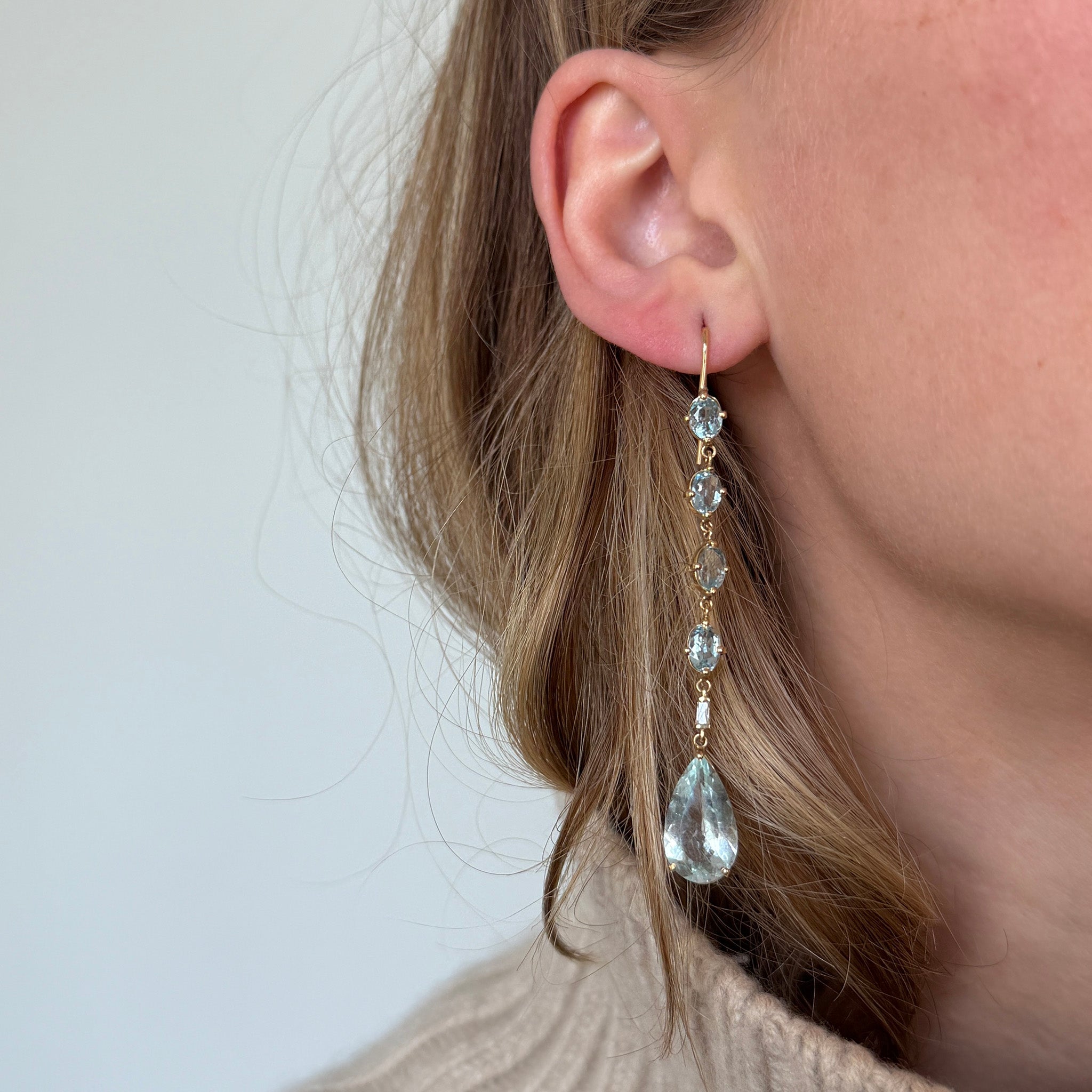 Edwardian Style Aquamarine & Diamond 18K Gold Drop Earrings