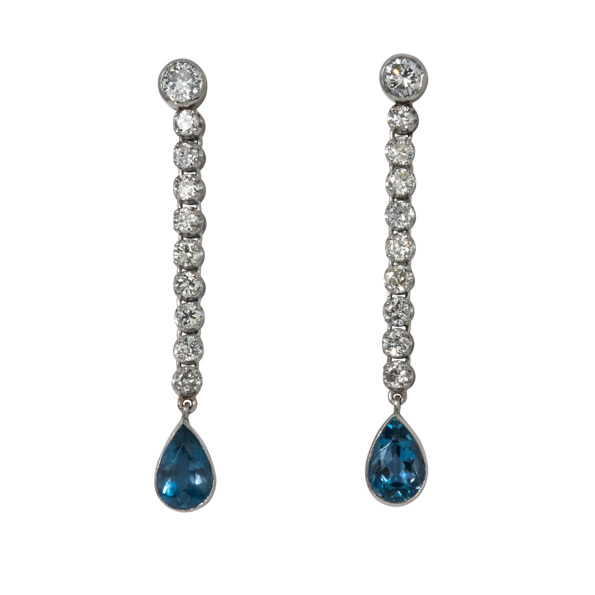 Estate Diamond & Pear-Shaped Aquamarine Platinum Drop Earrings