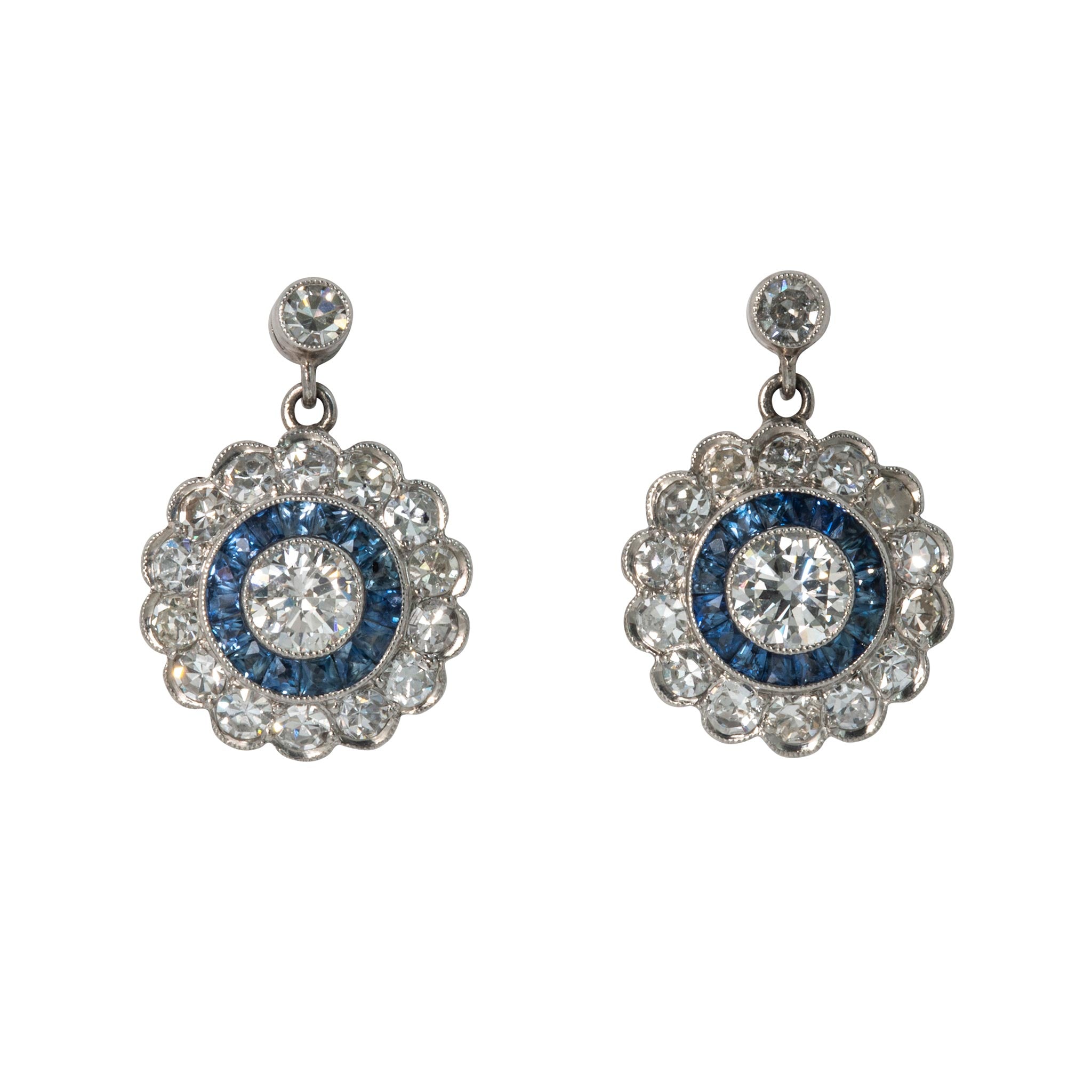 Art Deco Style Diamond & Sapphire Platinum Drop Earrings