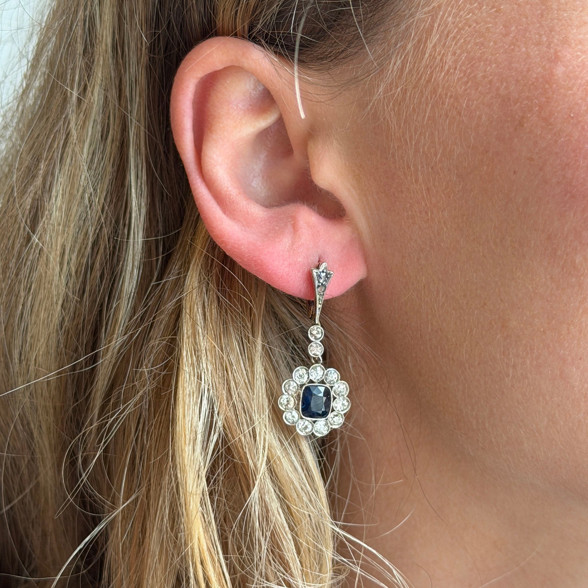 Georgian Style Sapphire & Diamond Platinum 18K Gold Drop Earrings