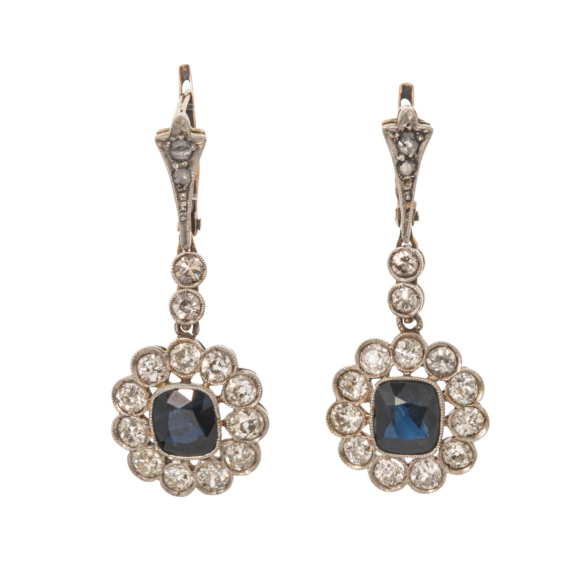 Georgian Style Sapphire & Diamond Platinum 18K Gold Drop Earrings