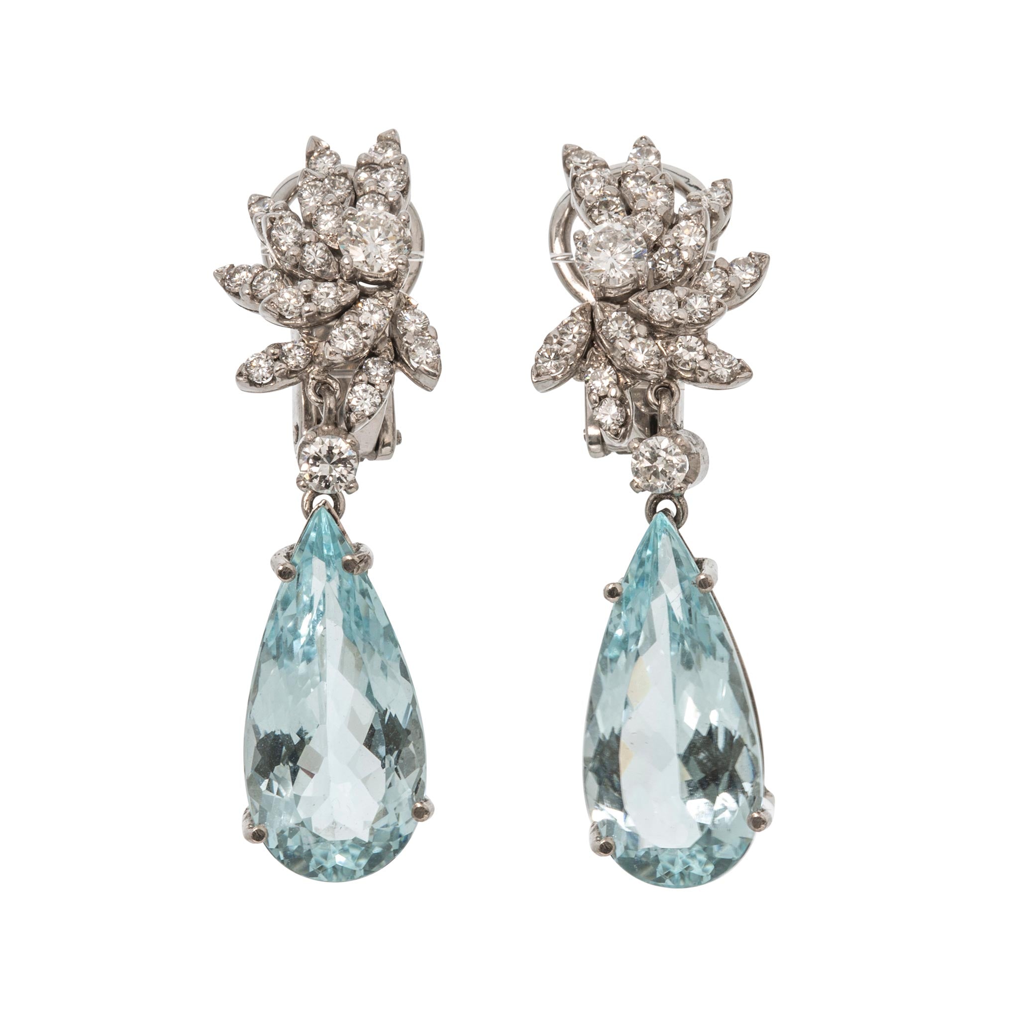 Estate Diamond & Pear-Shaped Aquamarine 18K Gold Drop Earrings