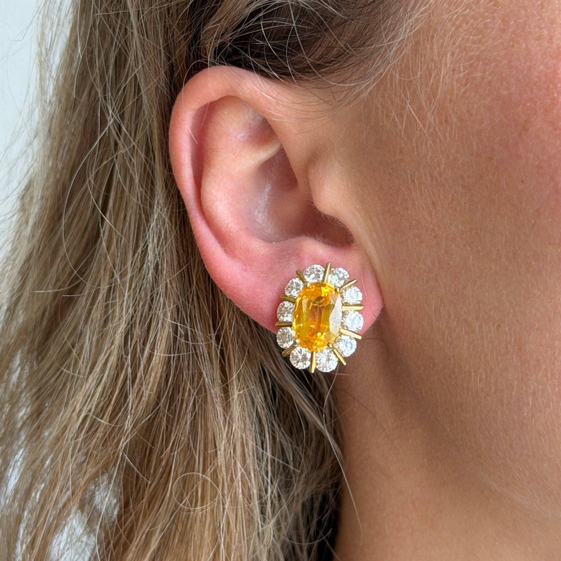 Estate 9.12ctw Yellow Sapphire & Diamond Cluster 18K Gold Earrings