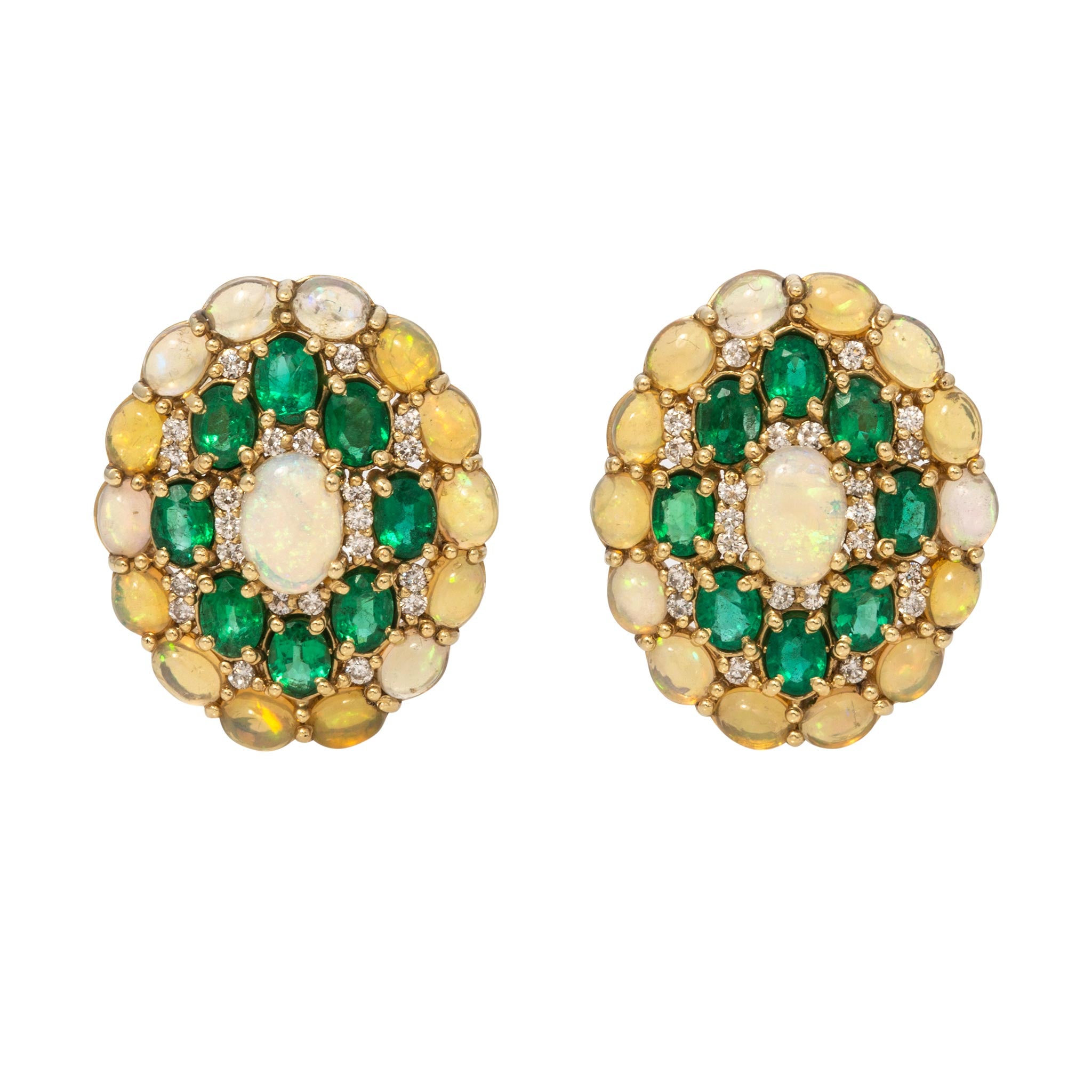 Estate Opal, Emerald & Diamond Cluster 14K Gold Earrings