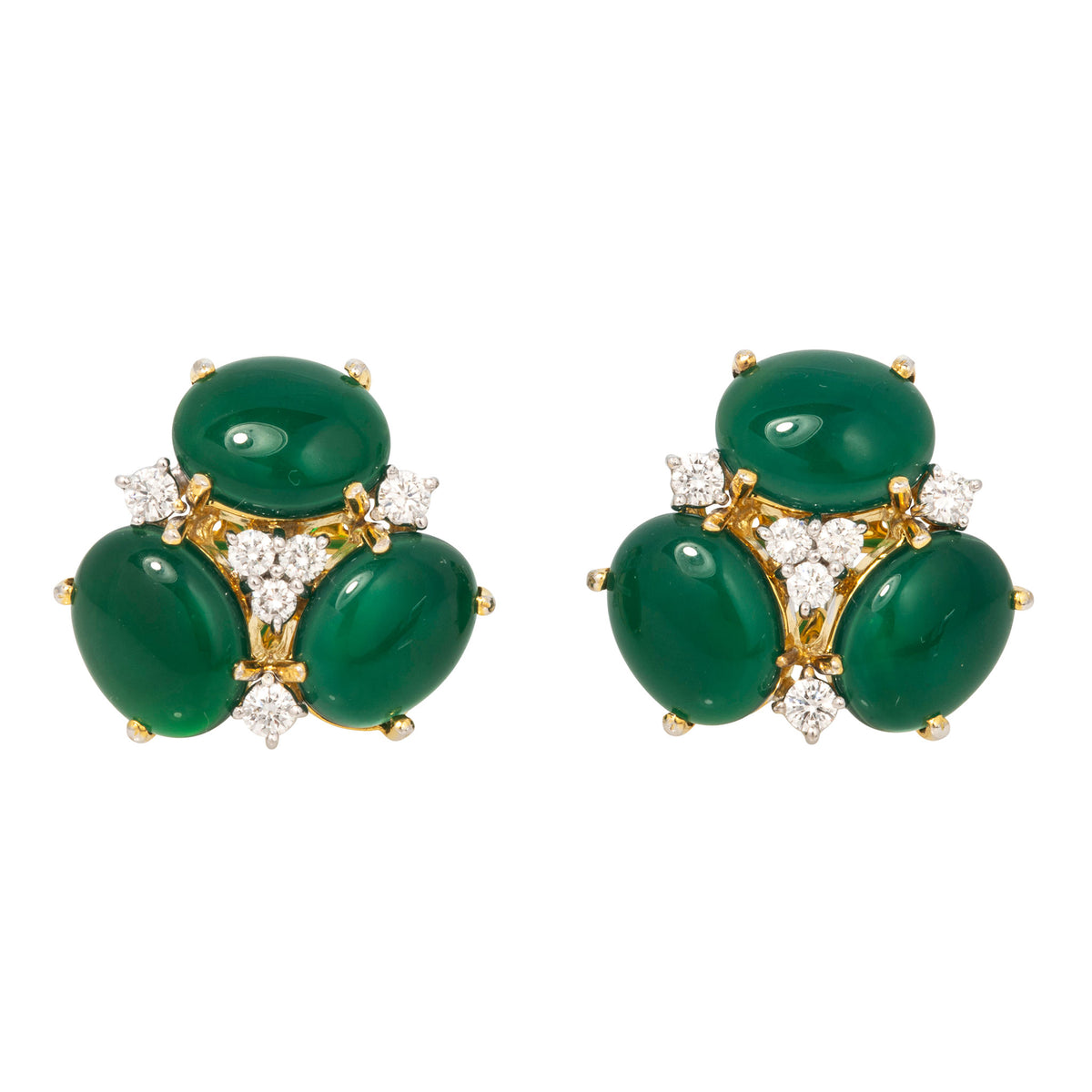 Estate Chrysoprase Cabochon & Diamond 18K Gold Earrings