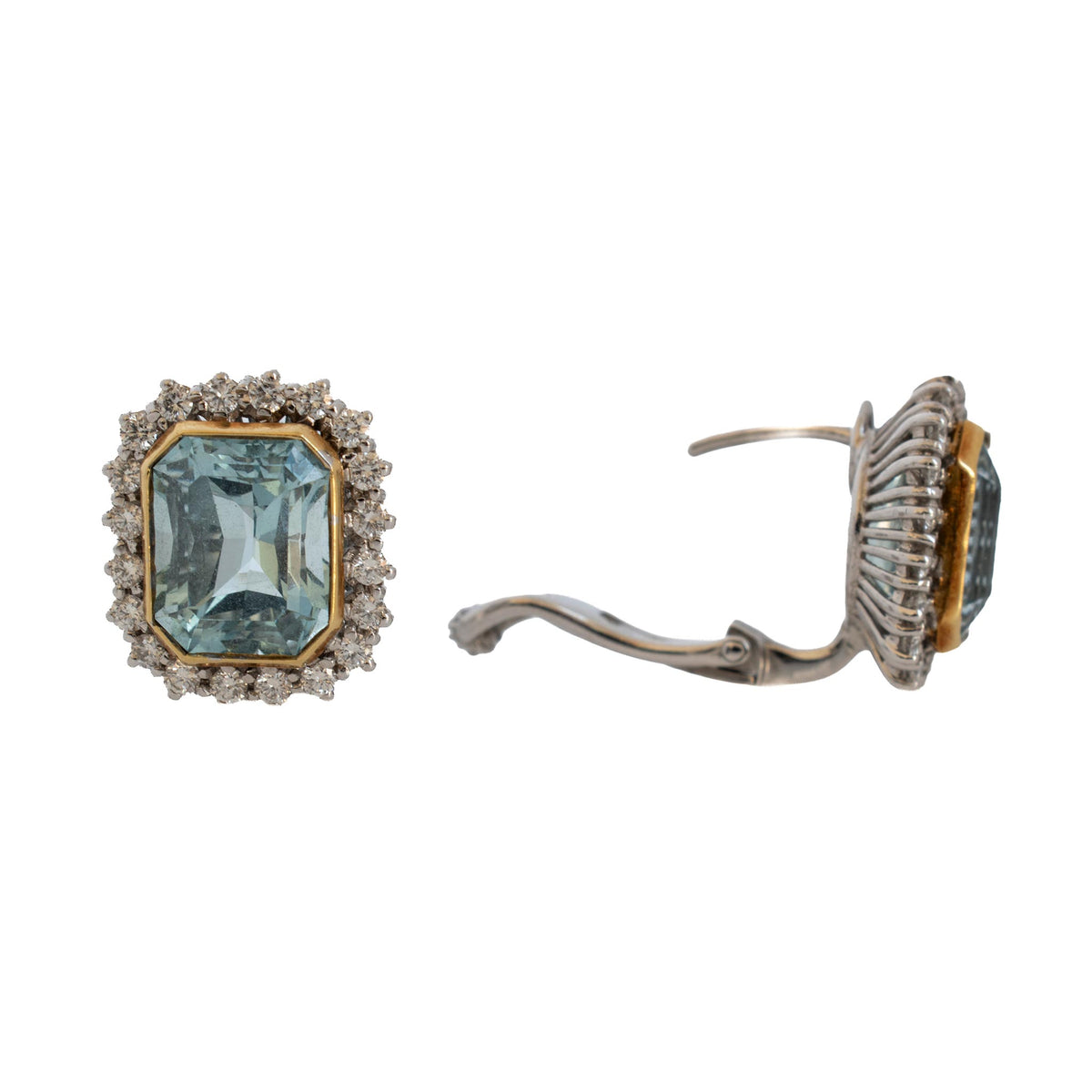 Front and side views of estate aquamarine and diamond 18K gold earrings, showing the raised settings and open hinged backs.