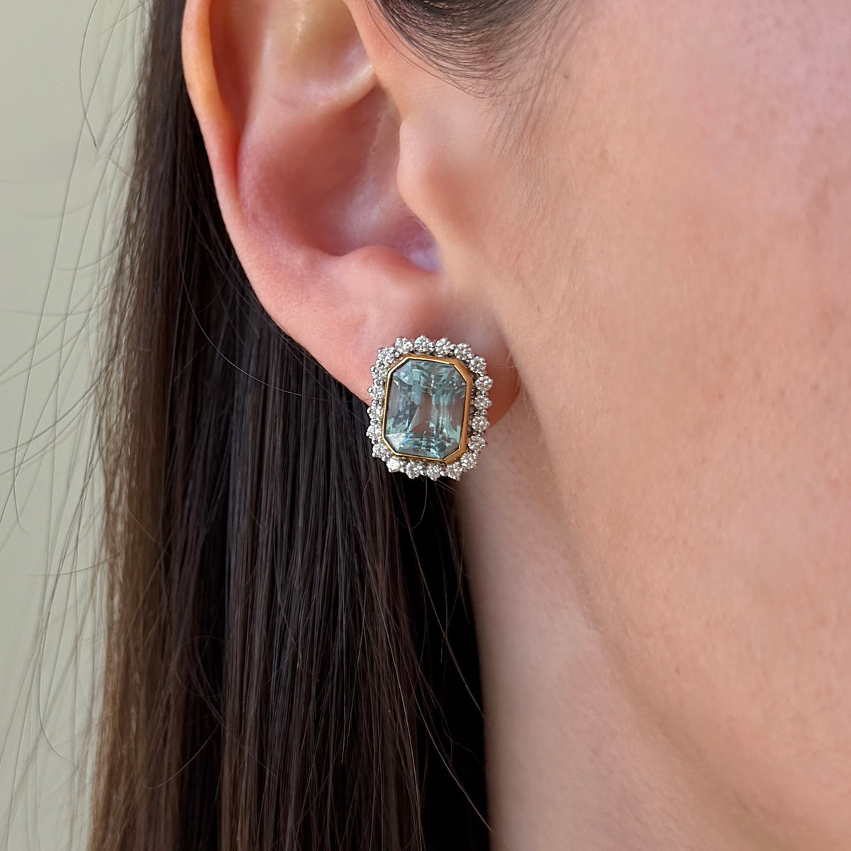 Estate Emerald-Cut Aquamarine & Diamond 18K Gold Earrings