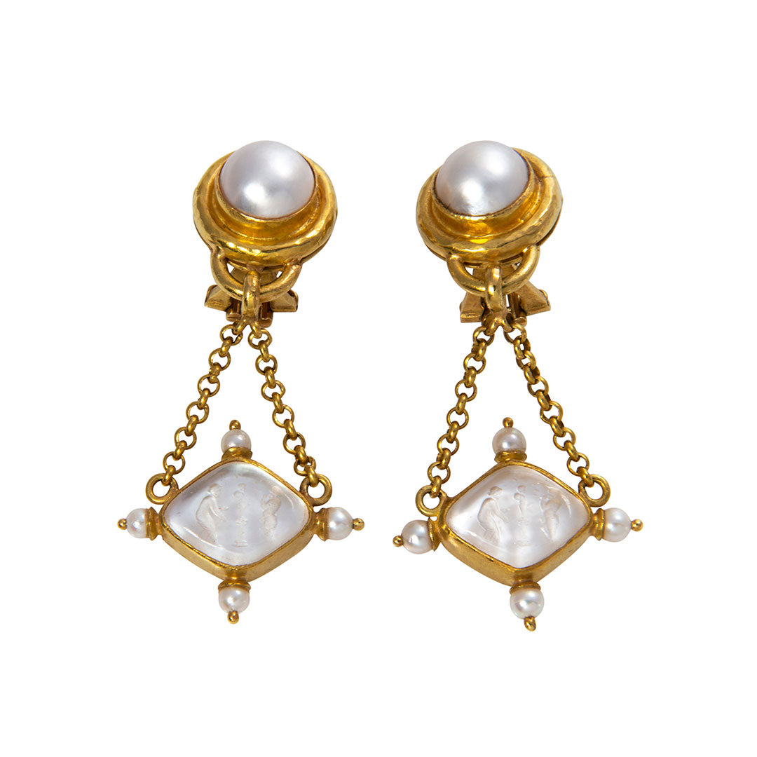 Estate Elizabeth Locke Pearl & Crystal “Rombo” Drop Earrings