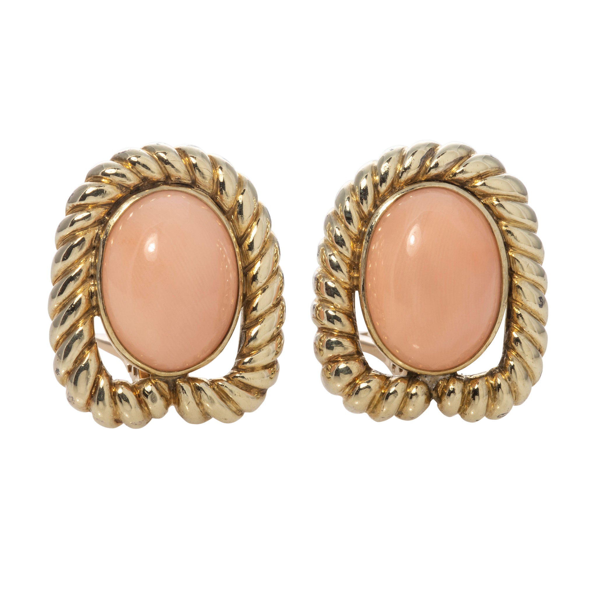 Estate Coral Cabochon 14K Gold Clip On Earrings
