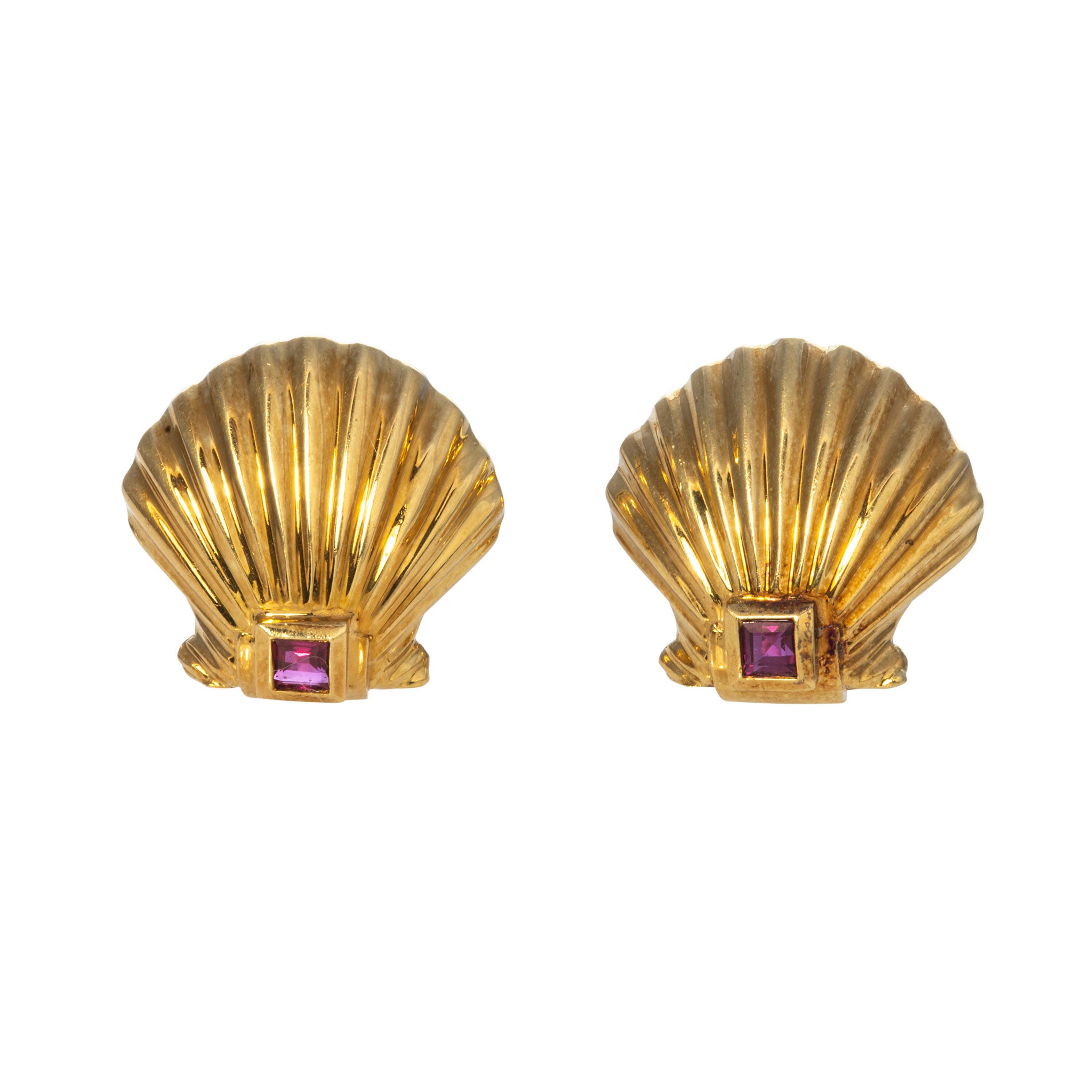 Estate Tiffany & Co Ruby 18K Gold Shell Clip On Earrings