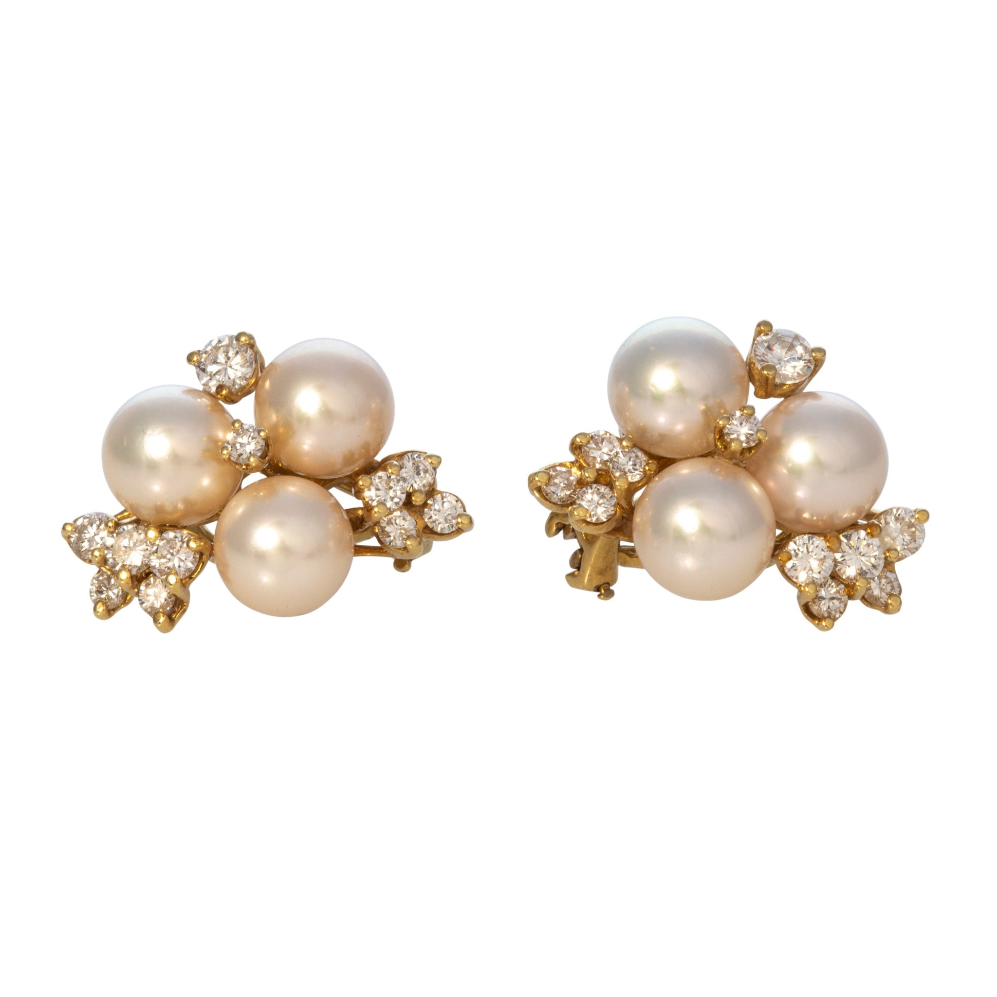 Estate Pearl & Diamond Cluster 18K Gold Earrings