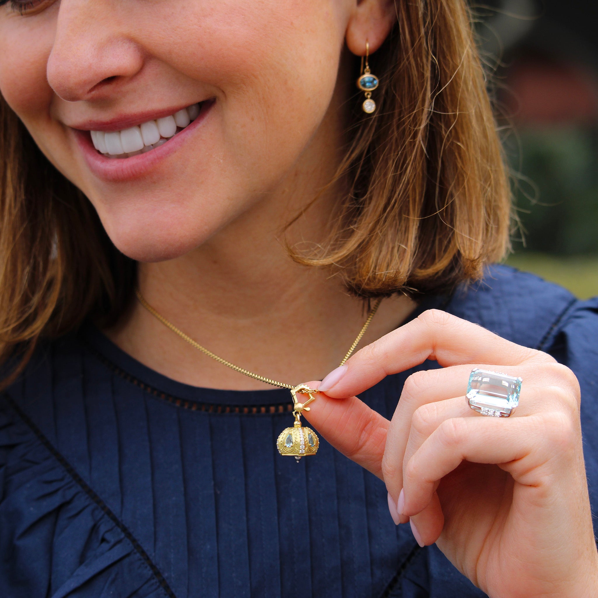 Paul Morelli Aquamarine & Diamond Raja Meditation Bell 11mm, Paul Morelli Meditation Bell Chain Necklace 20"