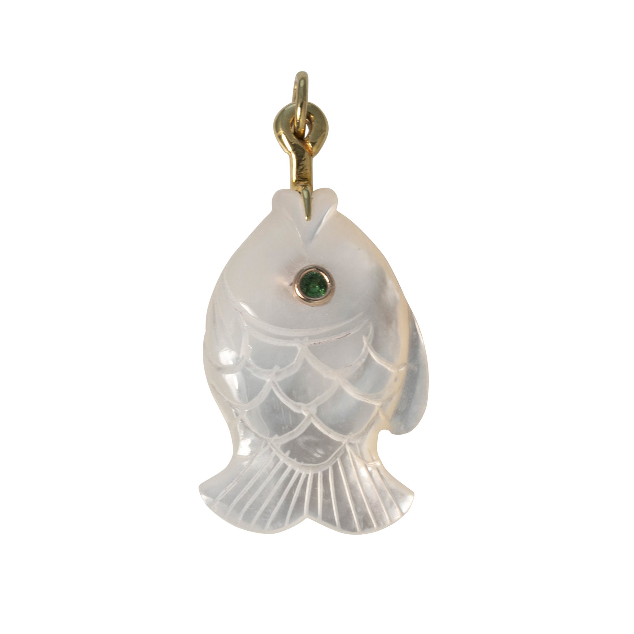Mazza Mother of Pearl & Tsavorite 14K Gold Small Wide Fish Pendant