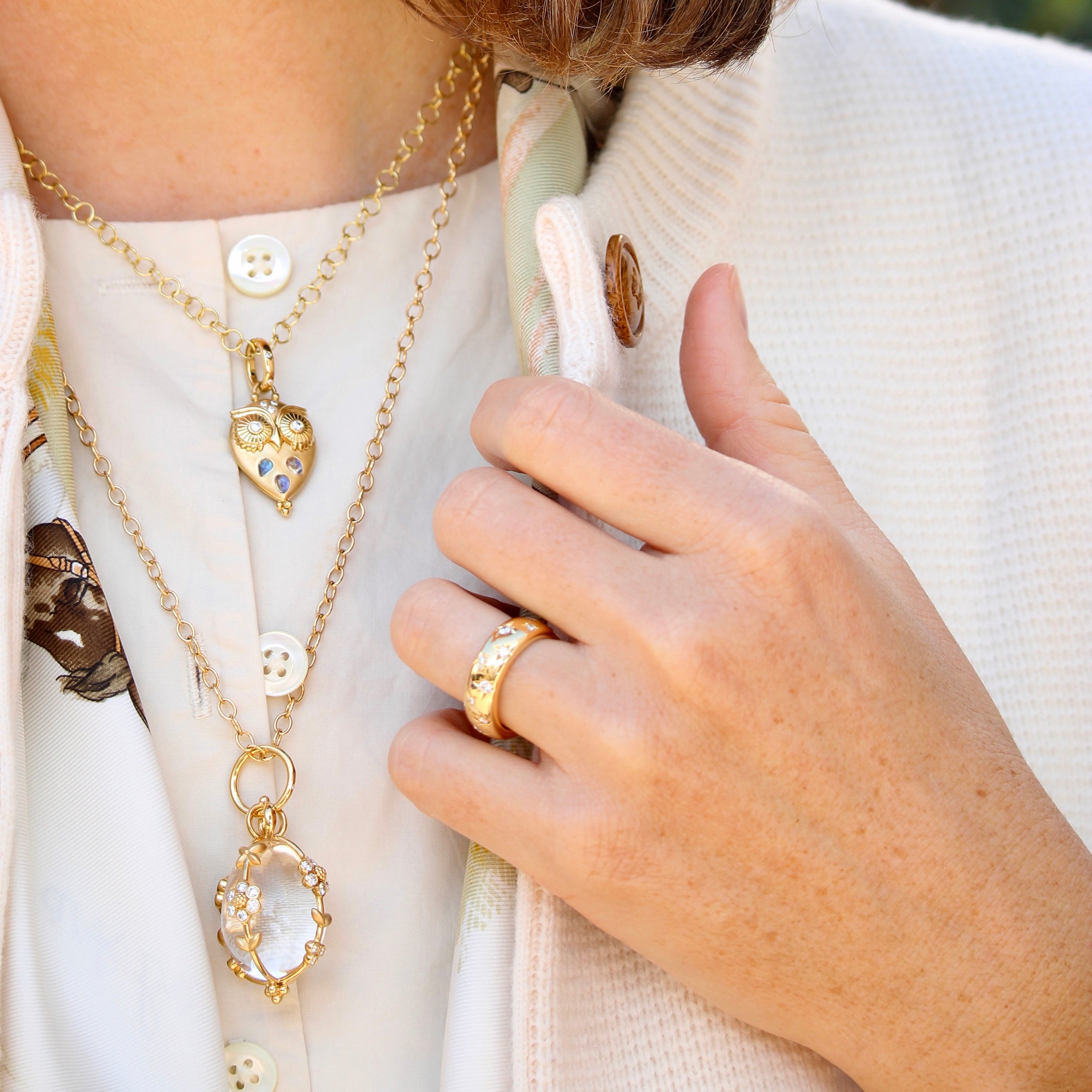 Temple St. Clair Blue Moonstone Night Owl Pendant, Diamond Cosmos Band, Medium Diamond Fiori Amulet