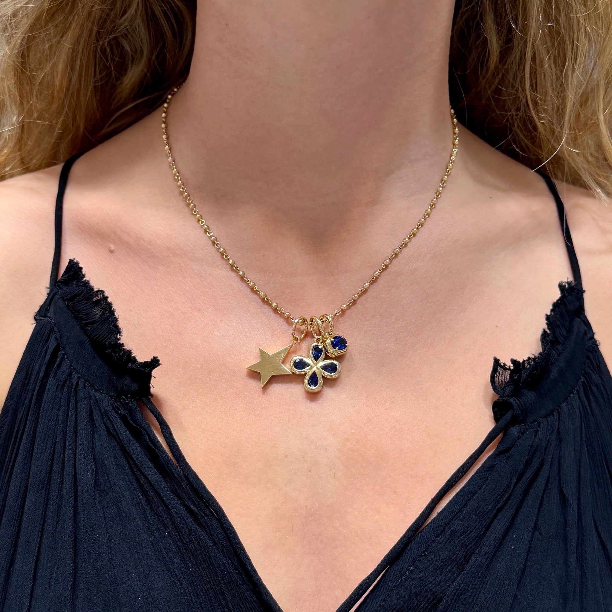 Single Stone Small Kinsley Star Pendant, Single Stone Sapphire Rosemary Pendant, Single Stone Sapphire Lola Pendant, Single Stone 18K Yellow Gold Mini Rosary Chain Necklace