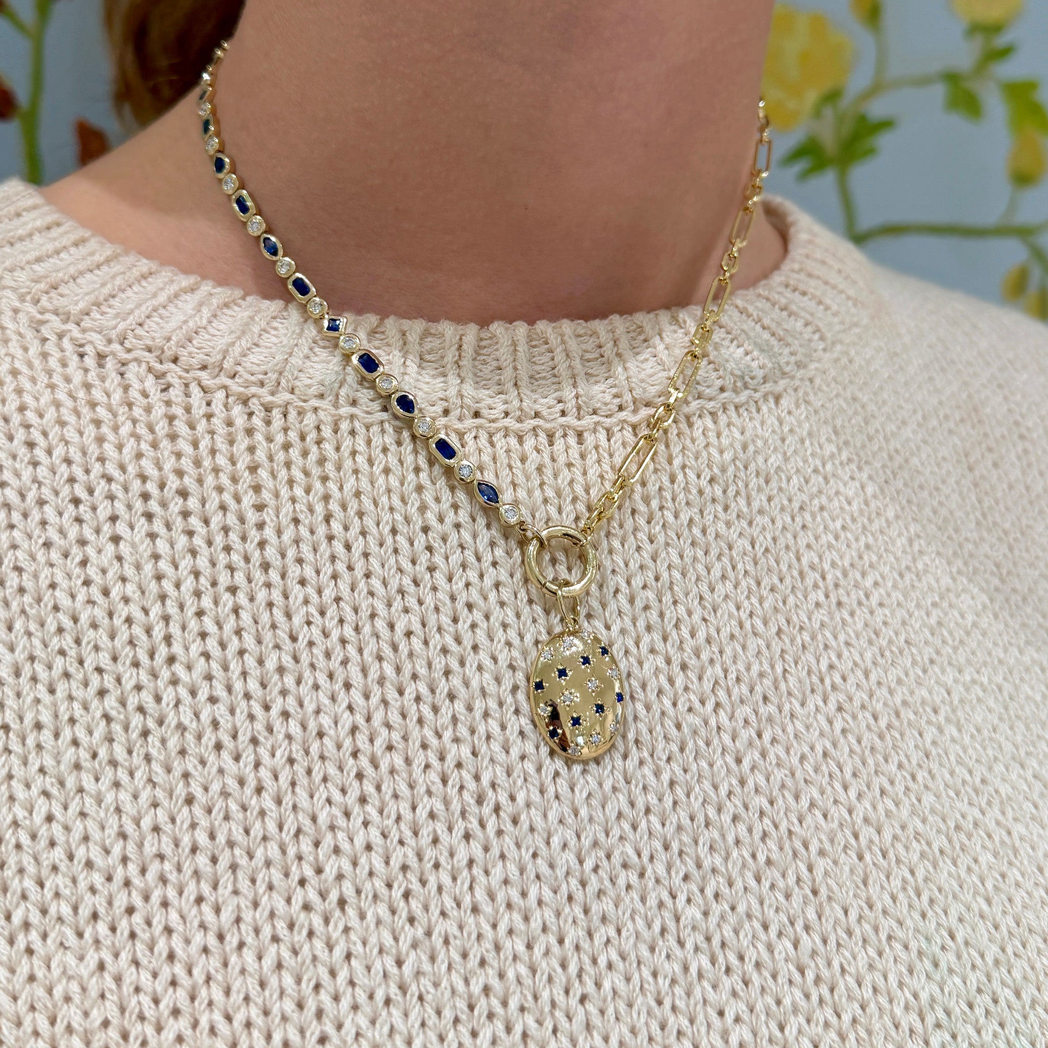 Sapphire & Diamond 14K Yellow Gold Oval Pendant on Sapphire & Diamond 14K Gold Half Tennis Half Chain Necklace