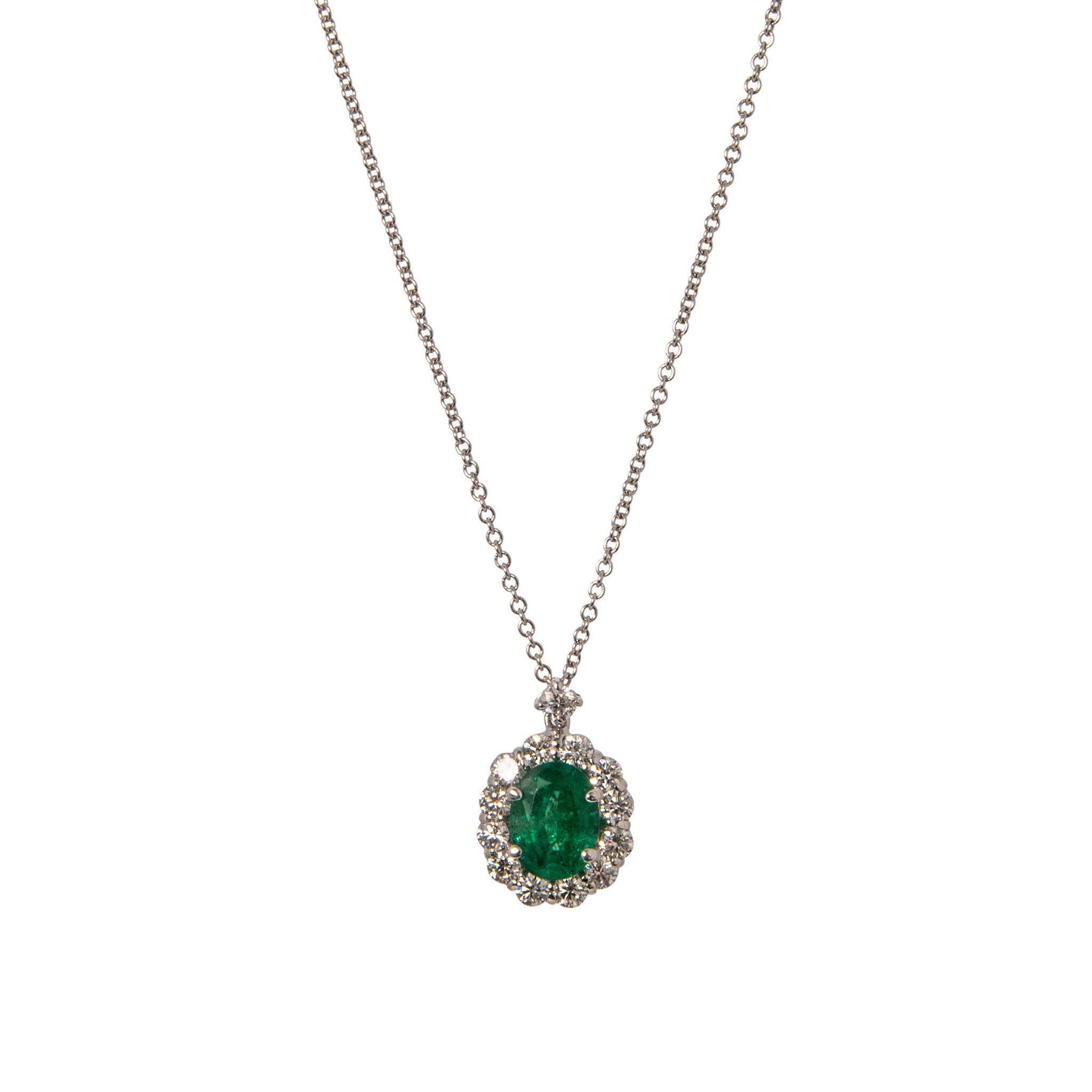 Oval Emerald & Diamond 18K White Gold Pendant Necklace