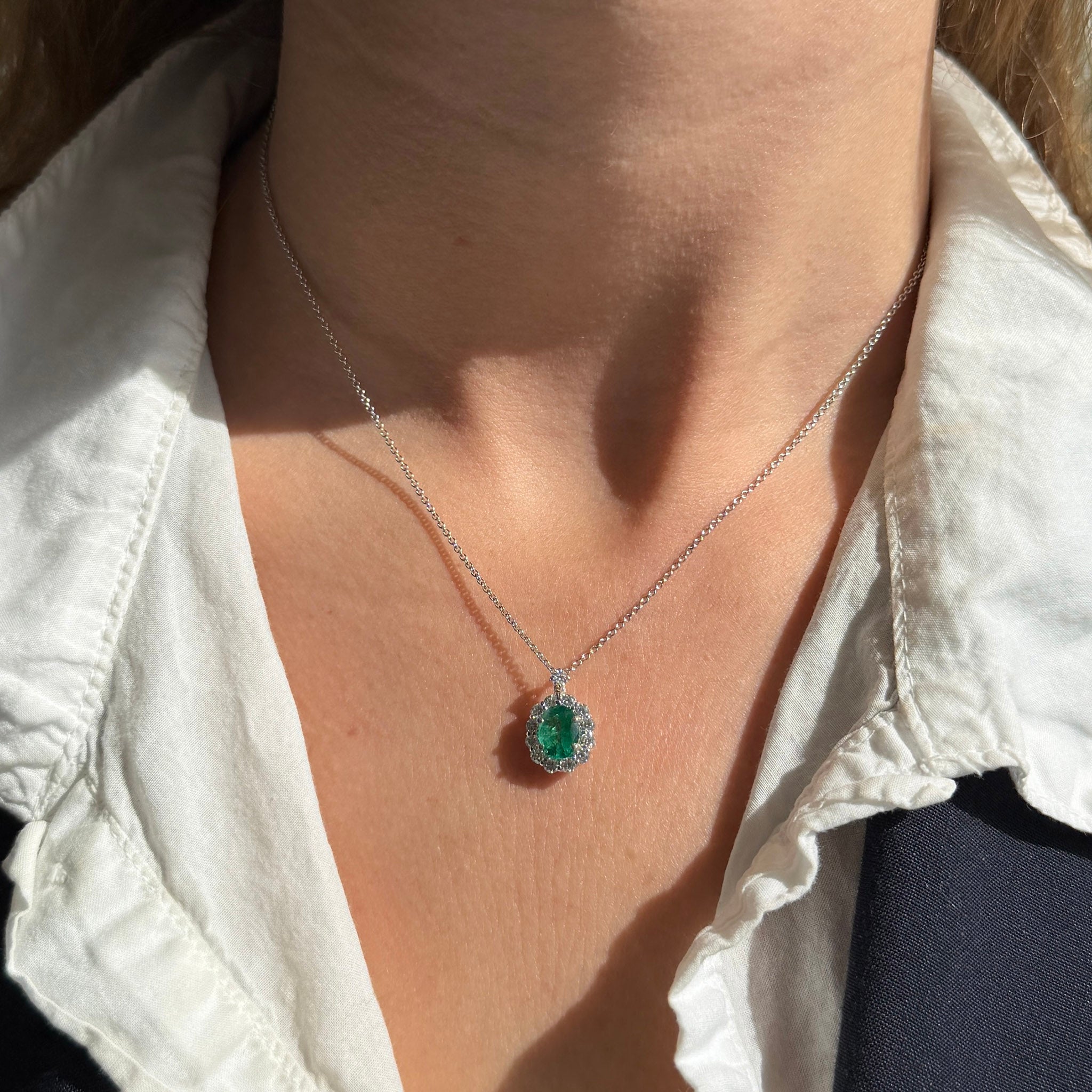 Oval Emerald & Diamond 18K White Gold Pendant Necklace