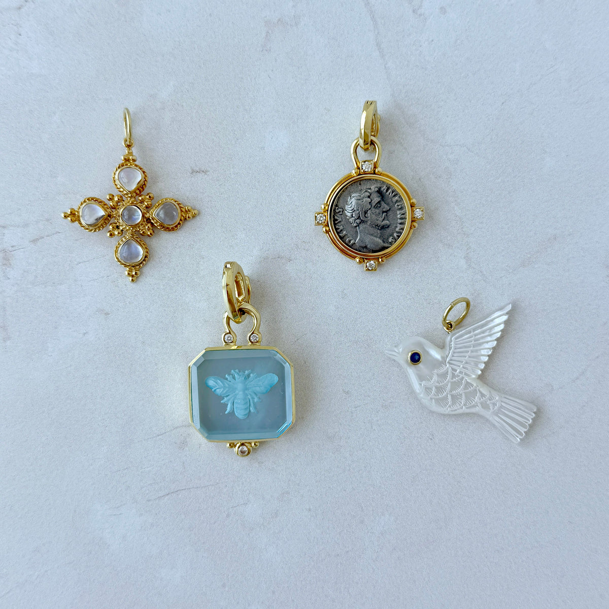 Mazza Moonstone Cabochon 14K Gold Cross Pendant, Mazza Mother of Pearl & Blue Sapphire 14K Gold Dove Pendant, Mazza Blue Topaz Bee Intaglio & Diamond 14K Gold Pendant, Mazza Ancient Roman Coin & Diamond 14K Gold Pendant