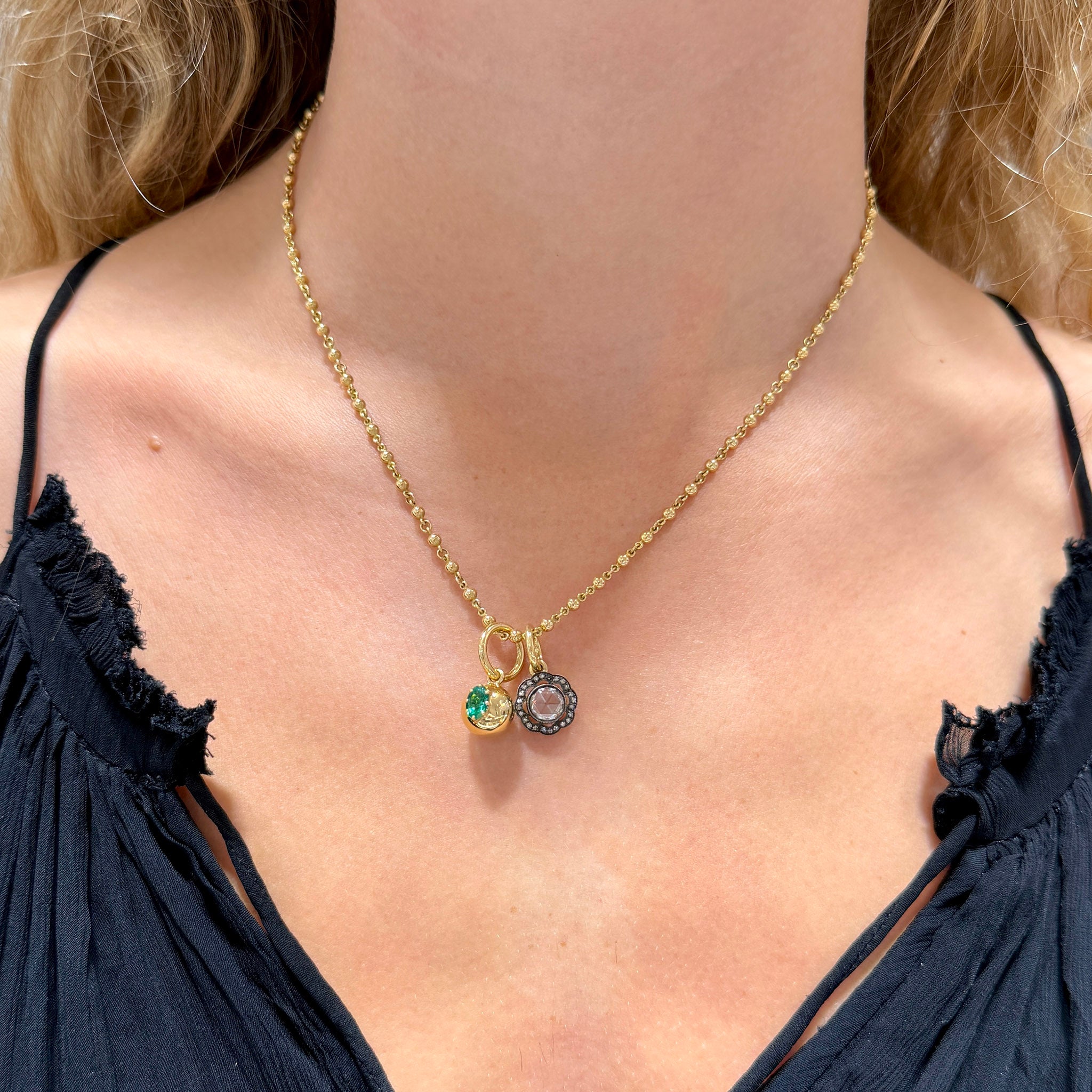 Single Stone Emerald Luna Pendant, Single Stone Charley Pendant, Single Stone 18K Yellow Gold Mini Rosary Chain Necklace