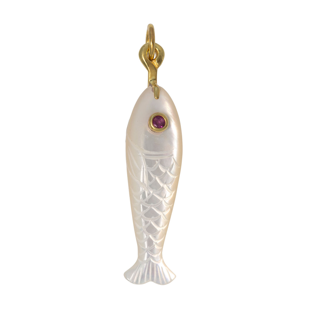 Mazza Mother of Pearl & Ruby 14K Gold Small Long Fish Pendant