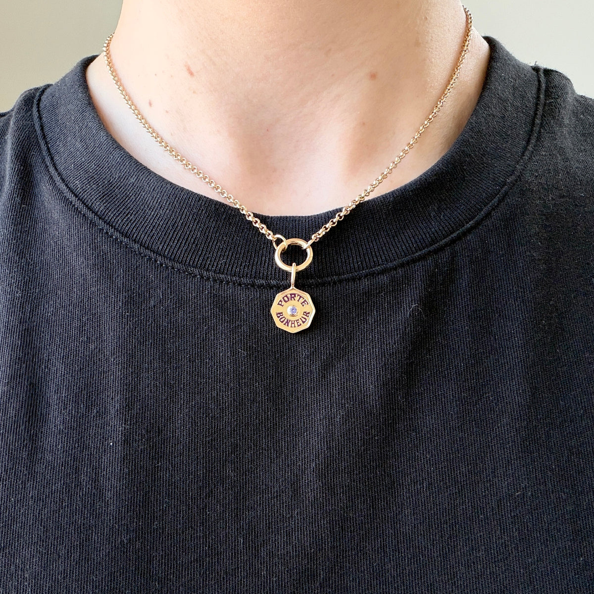 Marlo Laz Petite Porte Bonheur Enamel Charm Tanzanite, Marlo Laz Plain Push Clasp 11.5mm, Marlo Laz 2.2mm Rolo Chain 16"