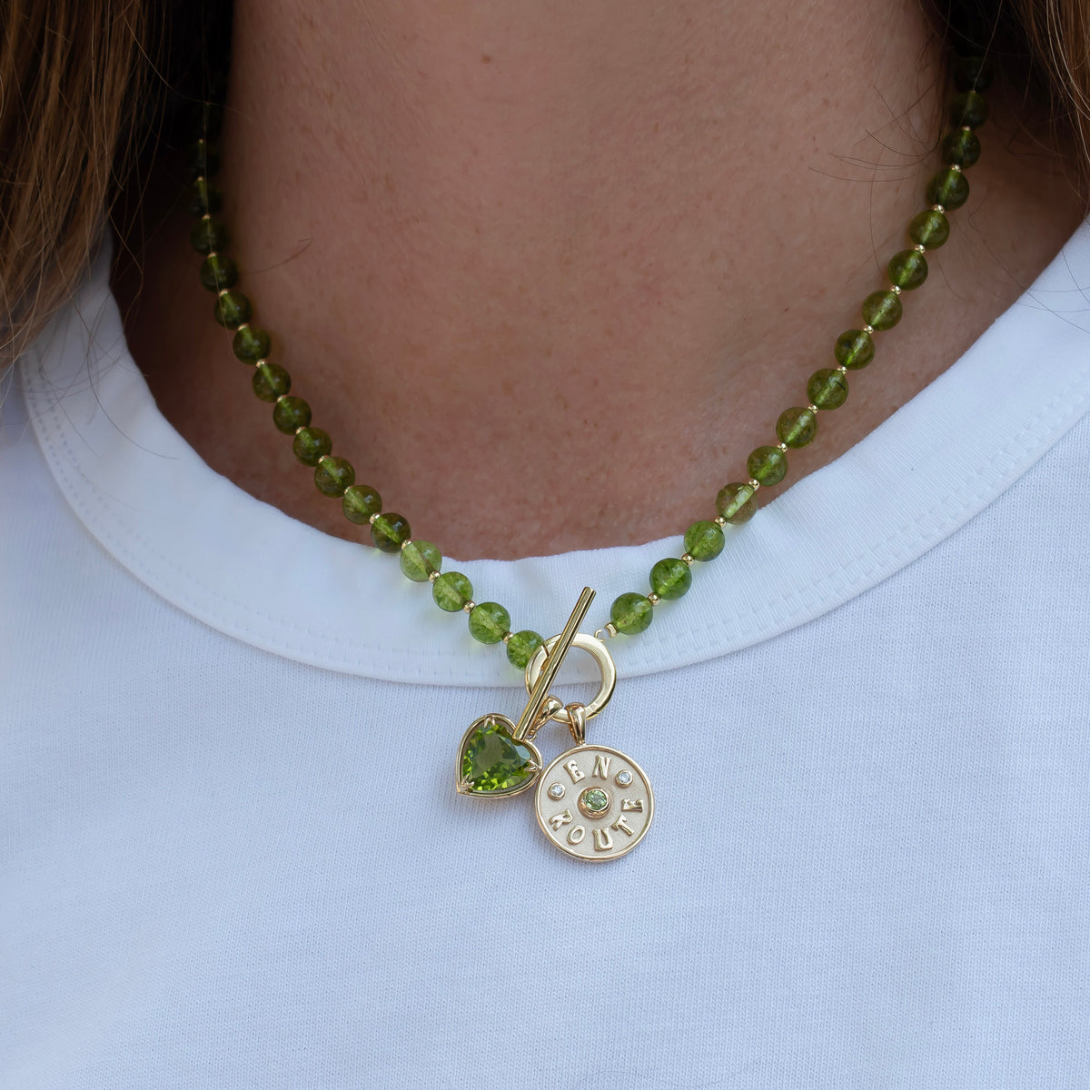 Peridot Heart 14K Gold River Pendant, Marlo Laz Mini En Route Charm Peridot, Goldbug Collection Peridot Gemstone Toggle Charm Necklace