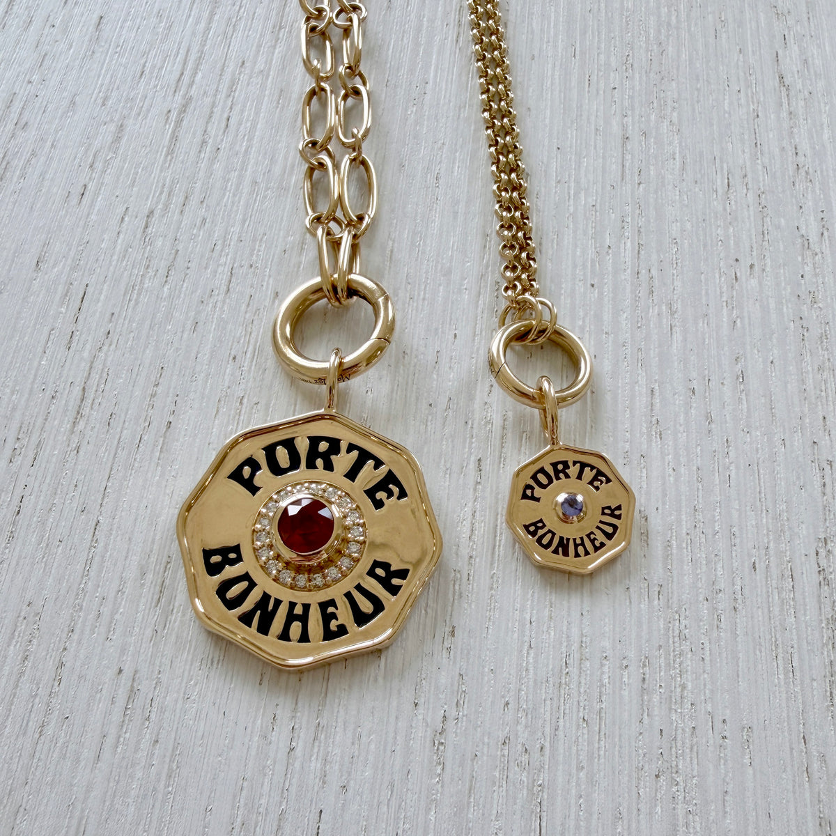 Marlo Laz Large Porte Bonheur Enamel Diamond Halo Charm Ruby, Marlo Laz Plain Push Clasp, Marlo Laz Petite Porte Bonheur Enamel Charm Tanzanite