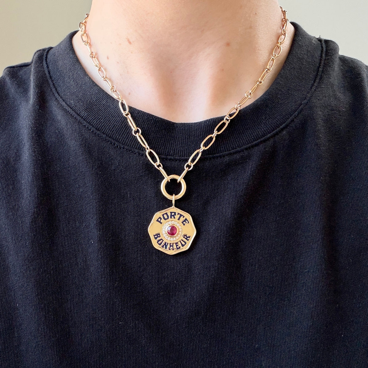 Marlo Laz Large Porte Bonheur Enamel Diamond Halo Charm Ruby, Marlo Laz Plain Push Clasp 13.7mm, Marlo Laz Sardinia Multi Link 1 Chain 18"