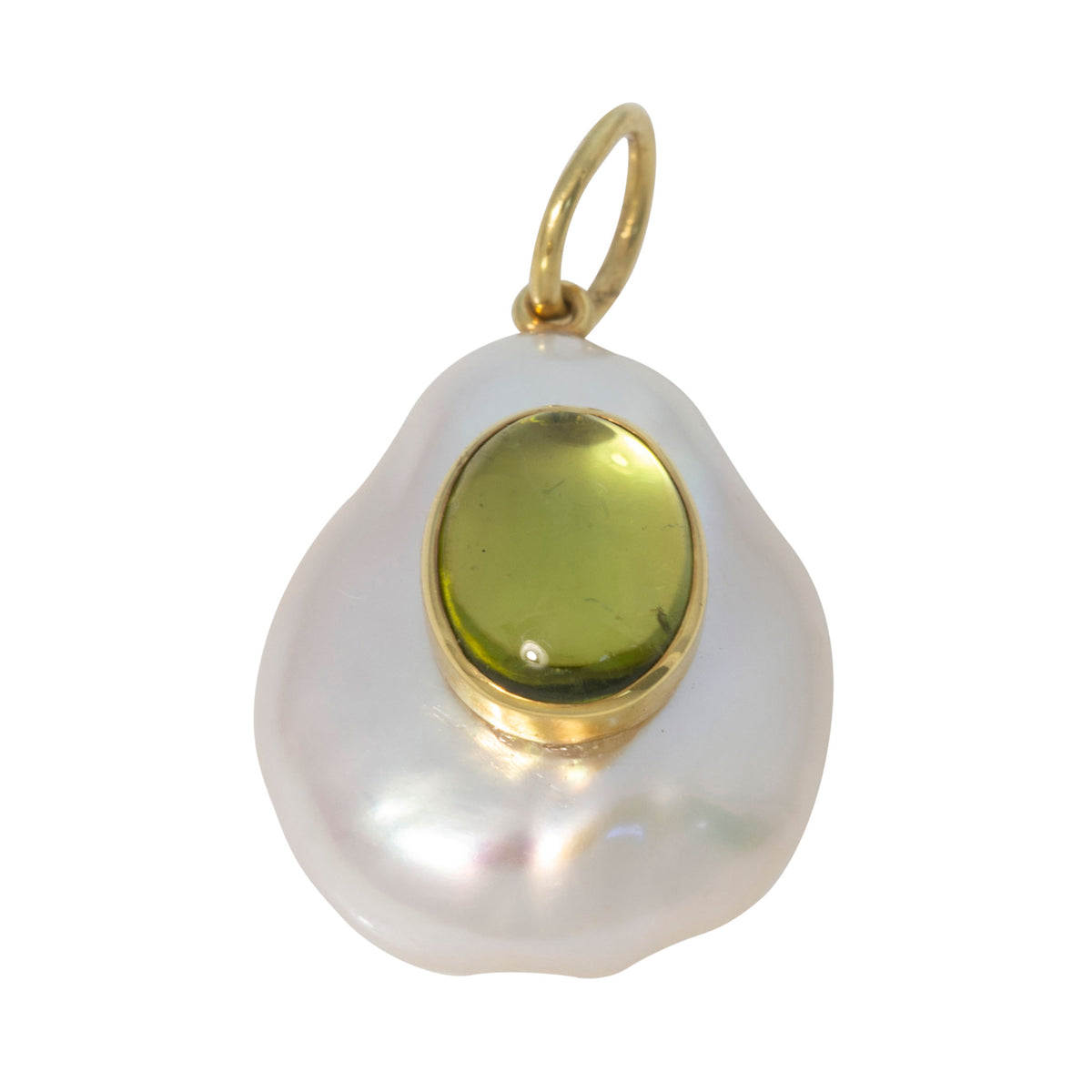 Mazza Peridot Cabochon & Baroque Coin Pearl 14K Gold Pendant