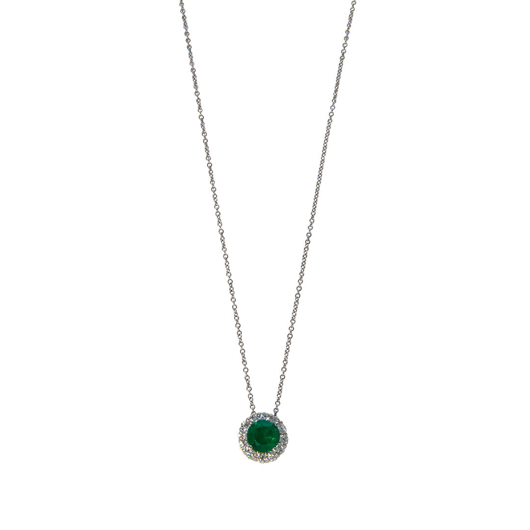 Emerald & Diamond Halo 18K White Gold Pendant Necklace
