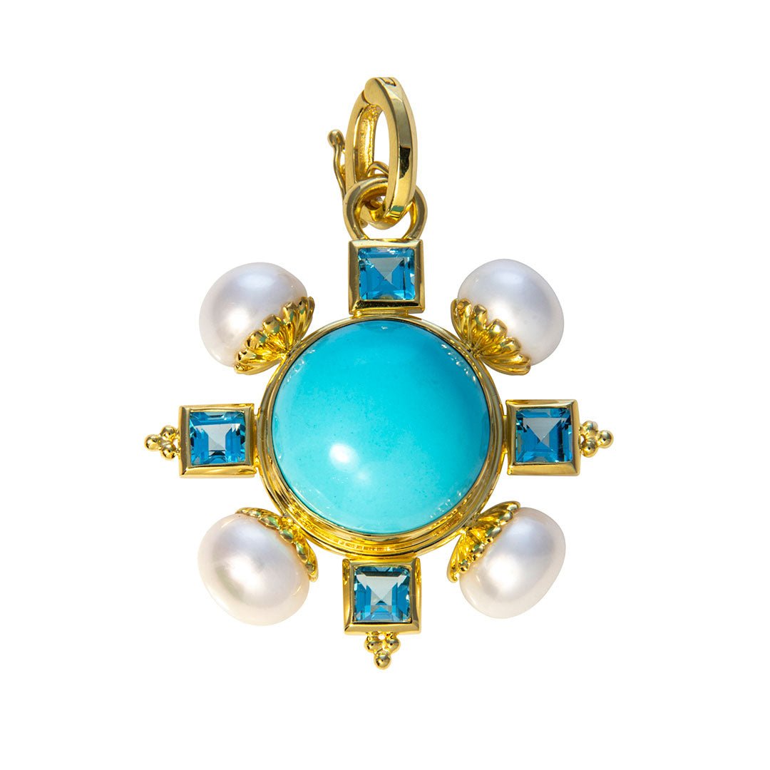 Mazza Turquoise, Blue Topaz & Pearl 14K Gold Pendant