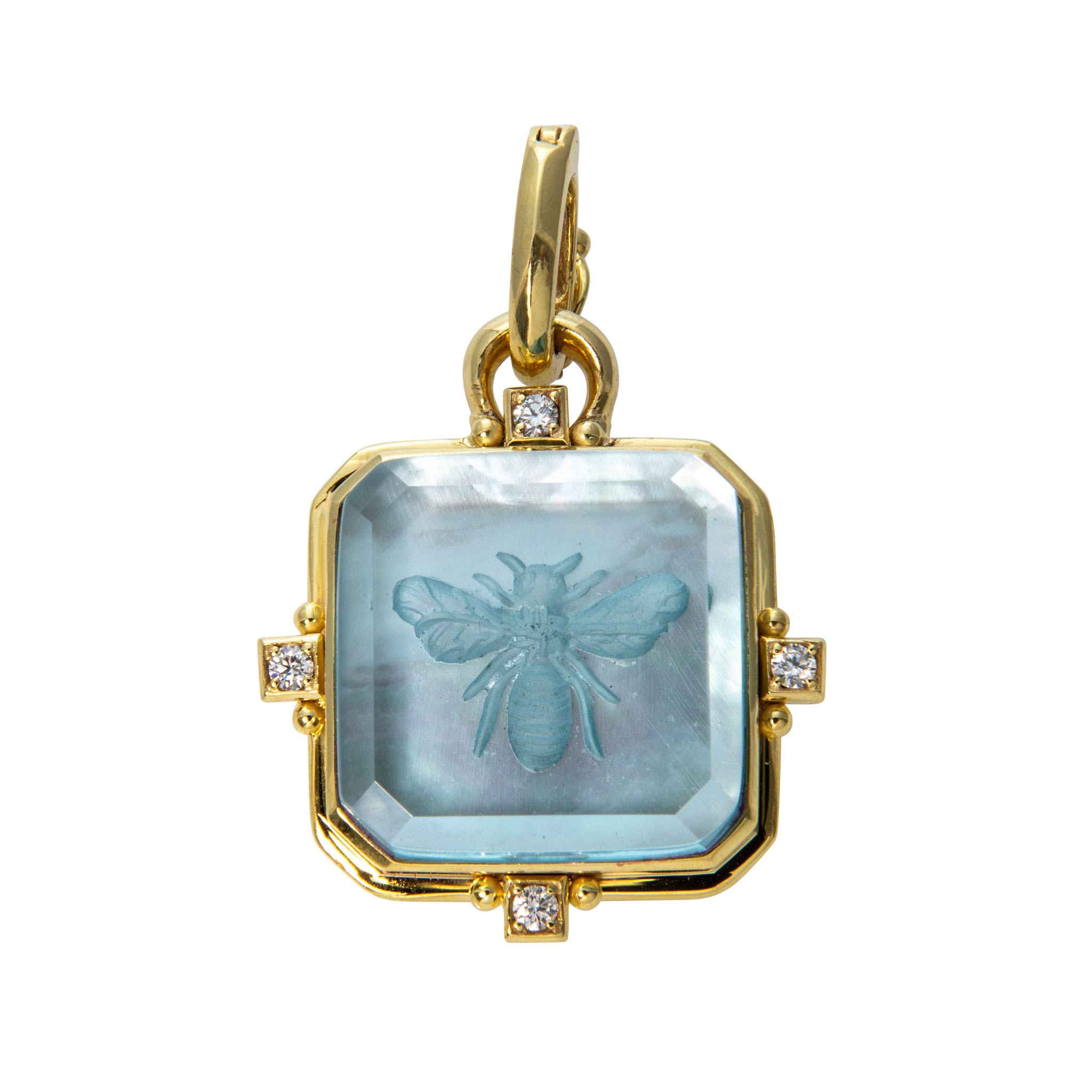 Mazza Blue Topaz Bee Intaglio & Diamond 14K Gold Pendant